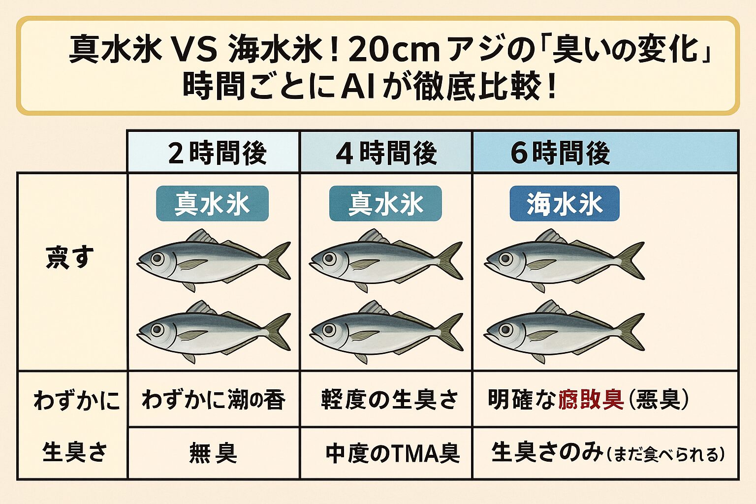 海水氷は、冷却スピードが早い（約3倍）＋魚体を傷めないため、TMAの発生を遅らせられます。釣太郎