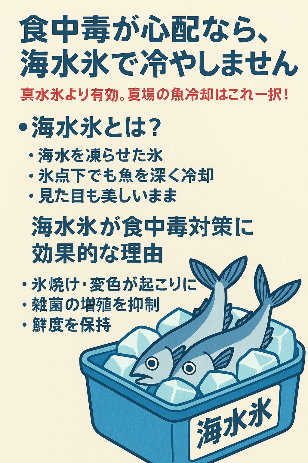 食中毒が心配なら、海水を凍らせた海水氷で冷やしませんか？真水氷より有効。夏場の魚冷却はこれ一択！釣太郎