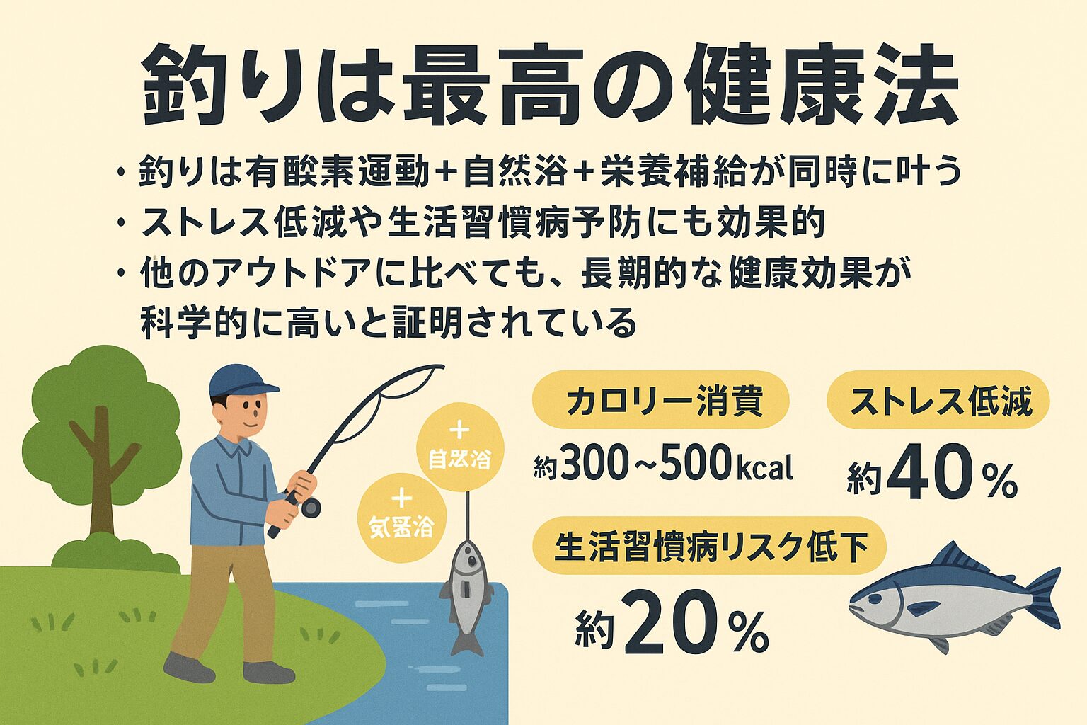釣りは“最高の健康法” ・釣りは有酸素運動+自然浴+栄養補給が同時に叶う ・ストレス低減や生活習慣病予防にも効果的 ・他のアウトドアよりも長期的健康効果が科学的に高い。釣太郎
