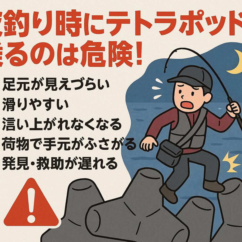 夜釣りは魅力満載ですが、テトラポッドの上は決して安全な場所ではありません。釣太郎