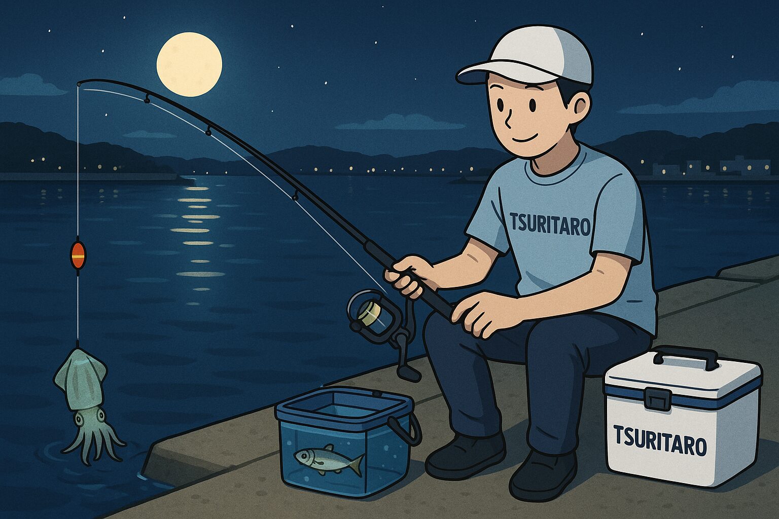 これだけ暑いと釣り人いないやろ？いえいえ朝一番と夕方、夜釣り客はコンスタントに動いています。活アジもありあり、アオリイカ釣り客も。釣太郎