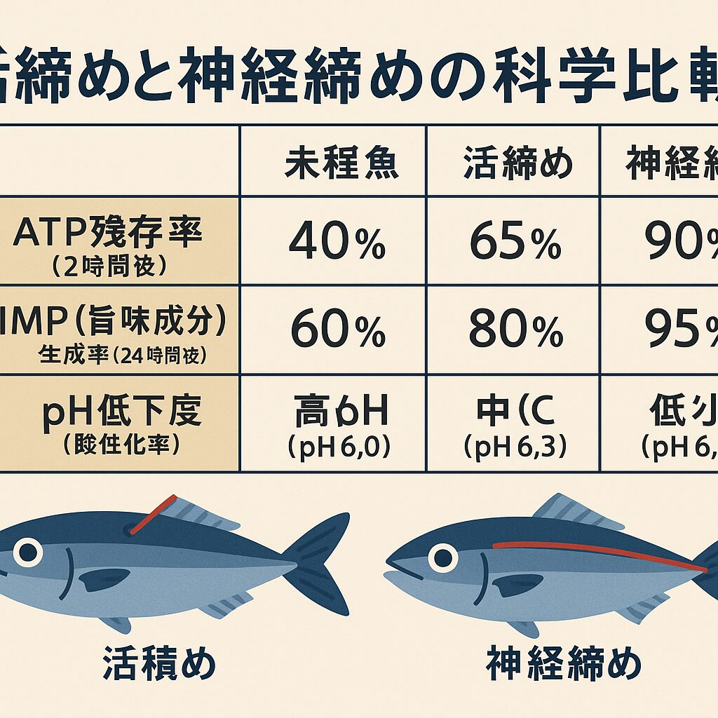 魚の活締めは最低限行うべき処理。神経締めを加えることで、ATP保持率が約25%向上し、旨味成分が最大化。保存性は未処理魚の約2倍、活締め単独よりも約1.5倍長持ち。釣太郎