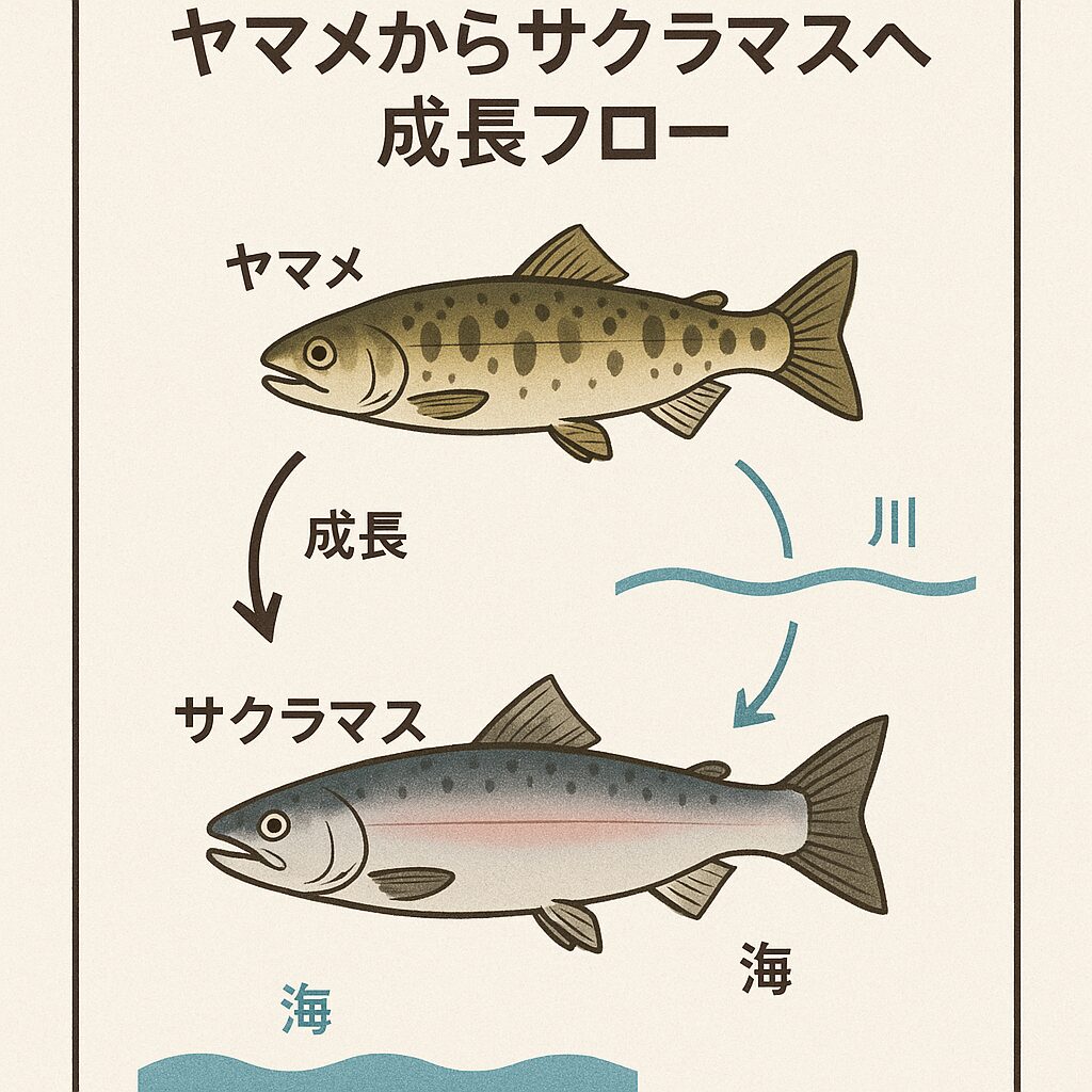 サクラマスの生態とライフサイクル ● 降海型と残留型 ・降海型（サクラマス）： 幼魚期を川で過ごし、海へ下って栄養豊富な環境で成長 ・残留型（ヤマメ）： 一生を淡水で過ごす。釣太郎