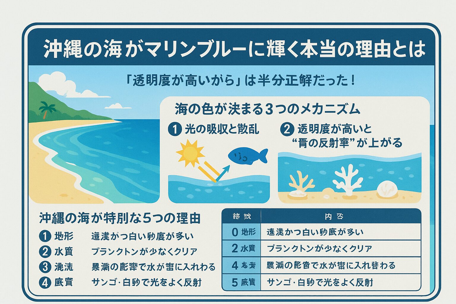 沖縄の海がこれほどまでに美しい理由は、 ・光の性質 ・透明度の高さ ・白砂やサンゴなどの地形的要因。・豊かな海洋環境 これらが見事に重なり合った結果です。 透明度はたしかに重要ですが、“それだけじゃない”のがポイント。釣太郎