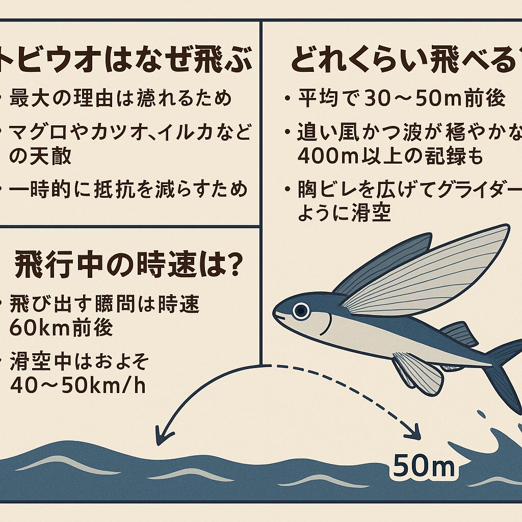 トビウオはなぜ飛ぶのか？最大の理由は「捕食者から逃れるため」です。マグロやカツオ、イルカなどの天敵から身を守るため、水面から一気にジャンプし、空中を滑空して距離を稼ぎます。釣太郎