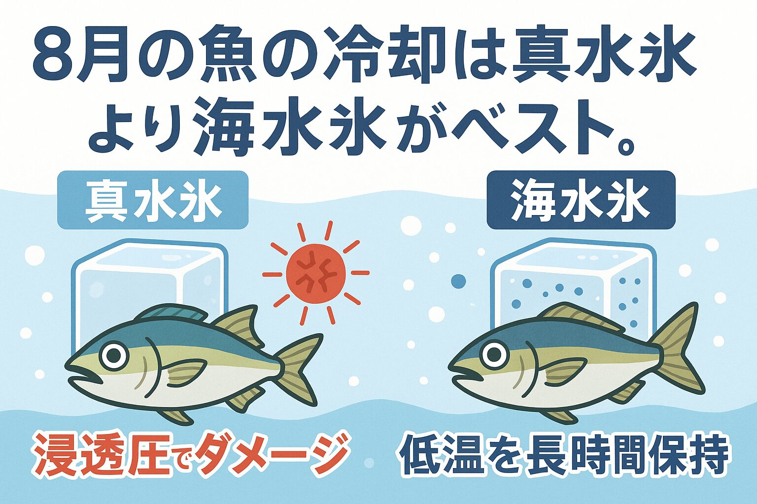 8月の釣りにおいて「海水氷」は最強の味方。・真水氷は冷却能力が低く、むしろ魚にダメージを与える可能性あり。釣太郎