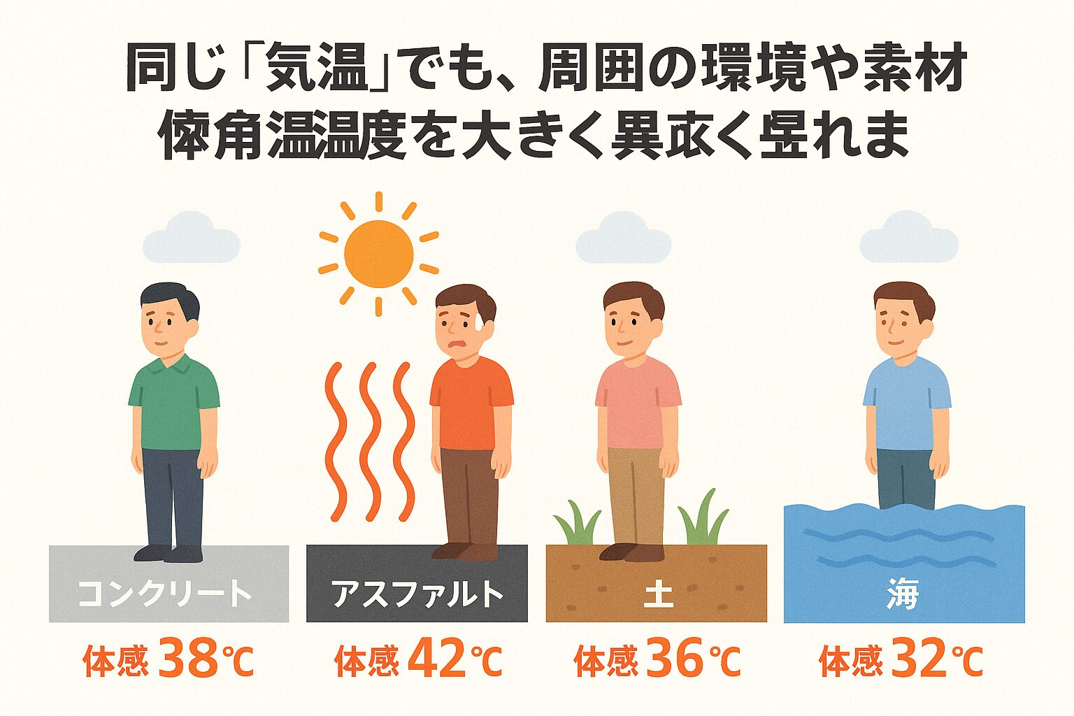 同じ「気温」でも、周囲の環境や素材によって体感温度は大きく異なります。コンクリート、アスファルト、土、海が持つそれぞれの熱特性を理解することで、なぜ暑いのか、どうすれば涼しく過ごせるのかが見えてきます。釣太郎