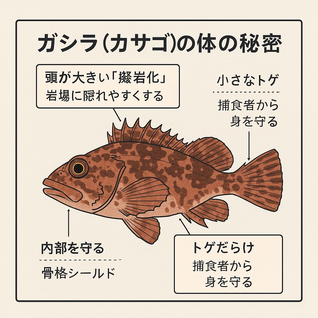 ガシラ（カサゴ（のトゲと大きな頭は“生き抜くための進化”。✅ 頭が大きいのは岩場に隠れる擬態のため ✅ トゲだらけなのは敵から身を守る武装構造。釣太郎
