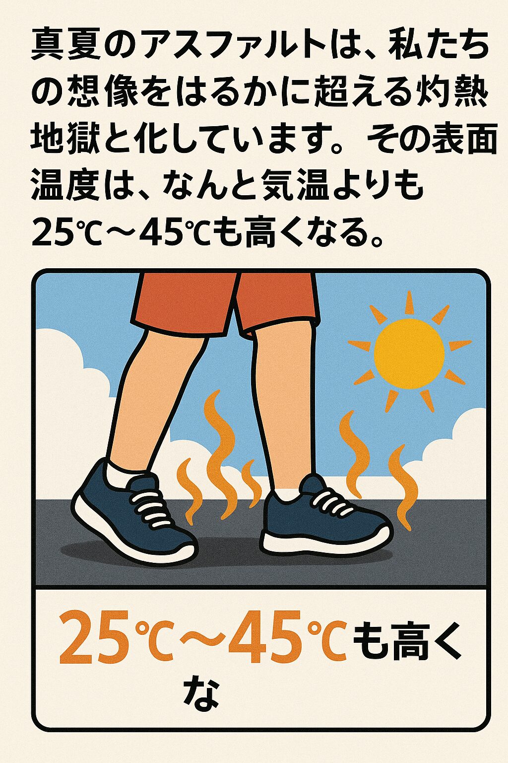 真夏のアスファルトは、私たちの想像をはるかに超える灼熱地獄と化しています。その表面温度は、なんと気温よりも25℃～45℃も高くなることがあるのです。つまり、外気温が35℃なら、アスファルトの表面は**60℃～80℃**にも達する可能性があります。釣太郎