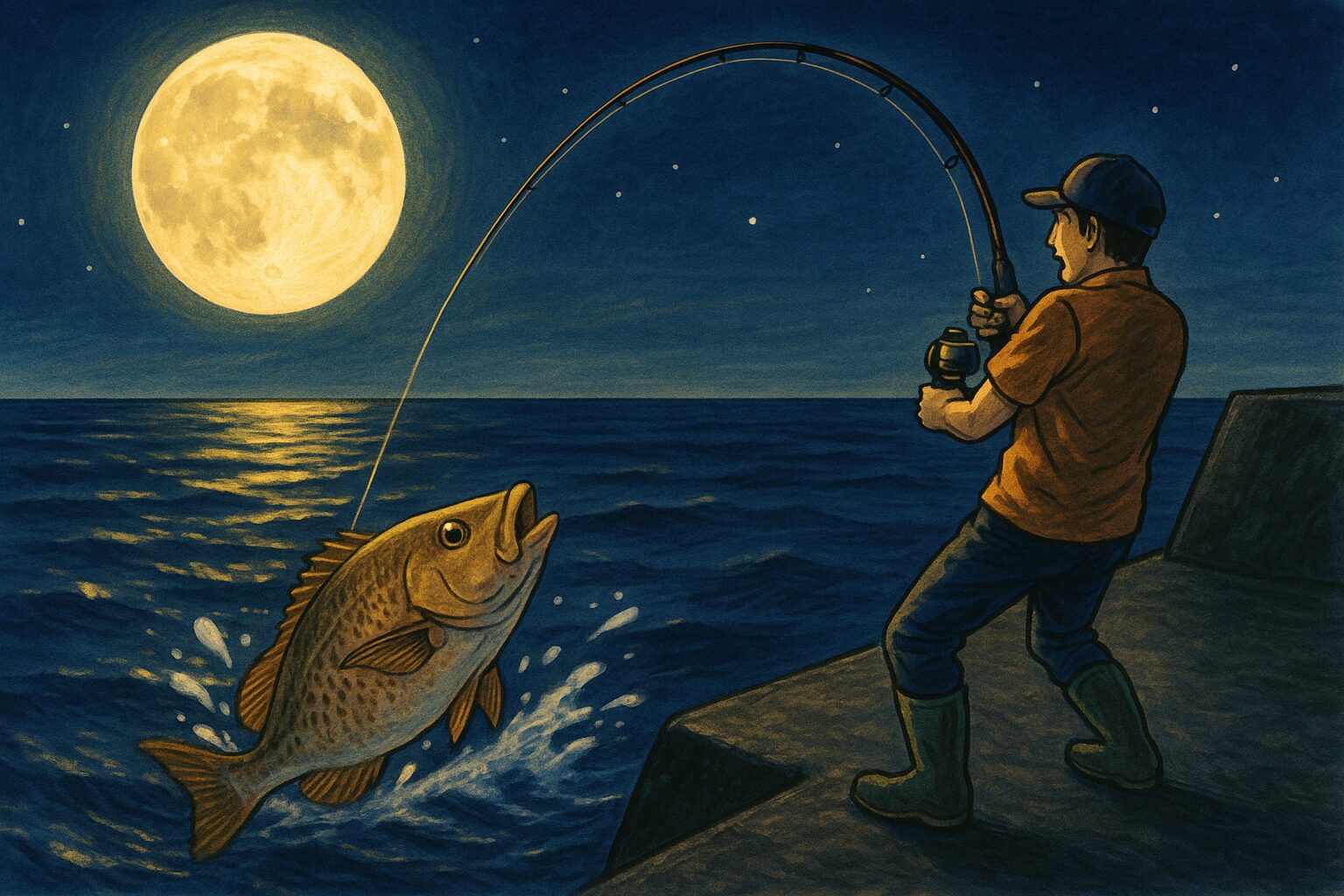 夏の月夜、静かな海に立つ堤防の先端。
時折聞こえる波音と、かすかな風の気配。
そんななか、「ズドンッ!」と竿を絞り込む大物の引き。
これこそ、月夜の夜釣りならではの醍醐味です。釣太郎