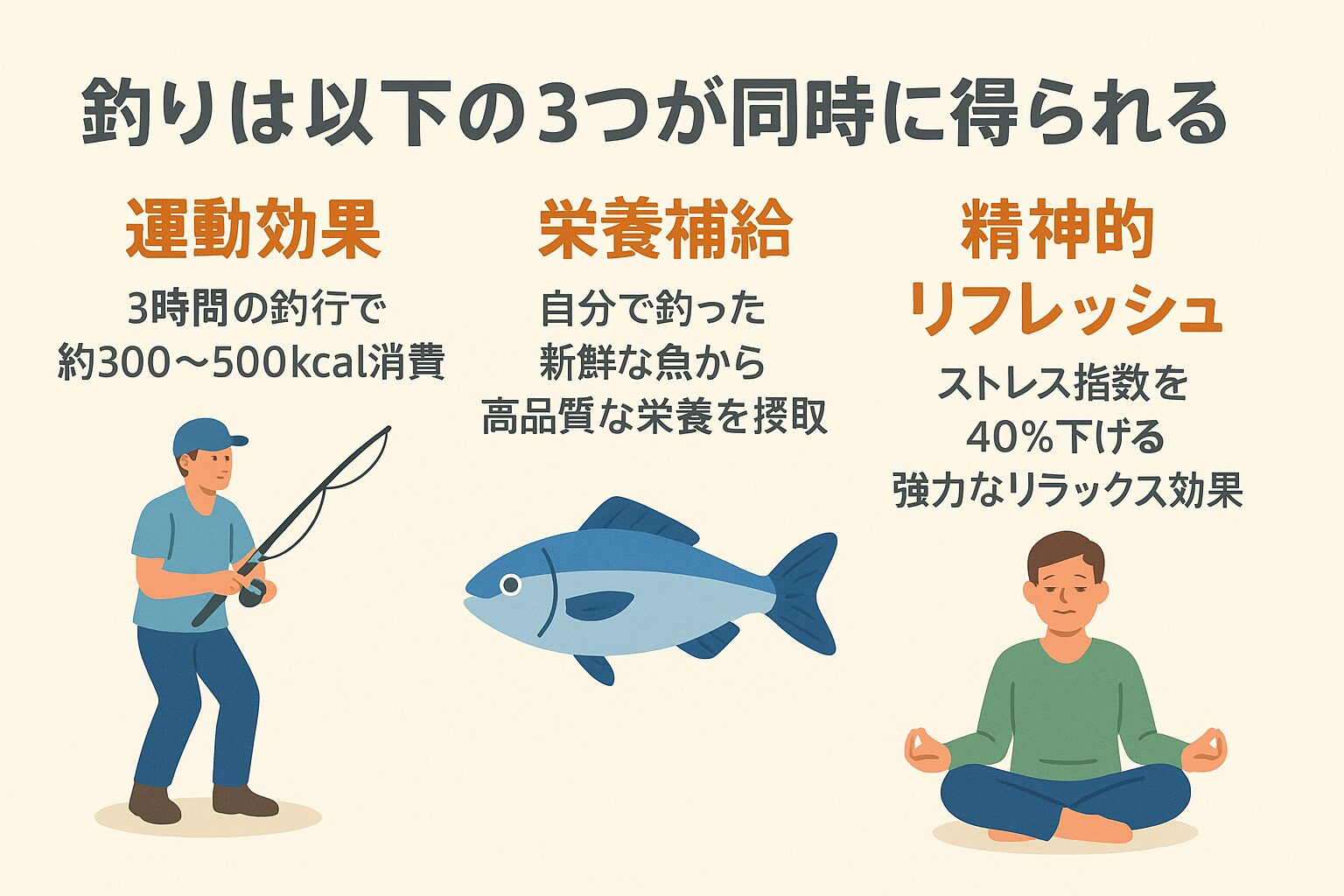 釣りは“最強の健康法”として注目すべきレジャー 3時間で300〜500kcal消費できる運動効果 栄養価の高い魚を新鮮なまま食べられるメリット ストレス指数を40％低下させるメンタルケア効果。釣太郎