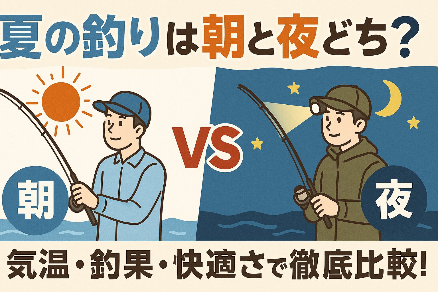 初心者は「朝釣り」・ベテランは「夜釣り」がおすすめ! ・総合的に見ると、朝釣りは釣果・快適さ・安全性のバランスがよく、初心者にも最適。 ・一方で、夜釣りは大型の魚を狙いたい上級者にとってはチャンス満載の時間帯。釣太郎