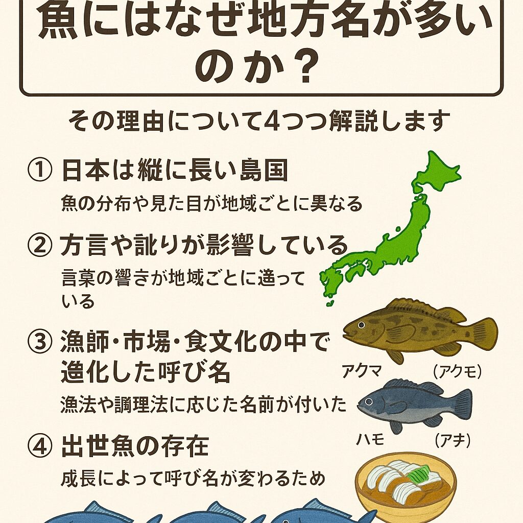 魚に地方名が多いのは、「日本独自の海の暮らし」が築いた文化です。乱もあるけれど、それ以上に地域性や言葉の味わいが詰まっているとも言えます。釣太郎