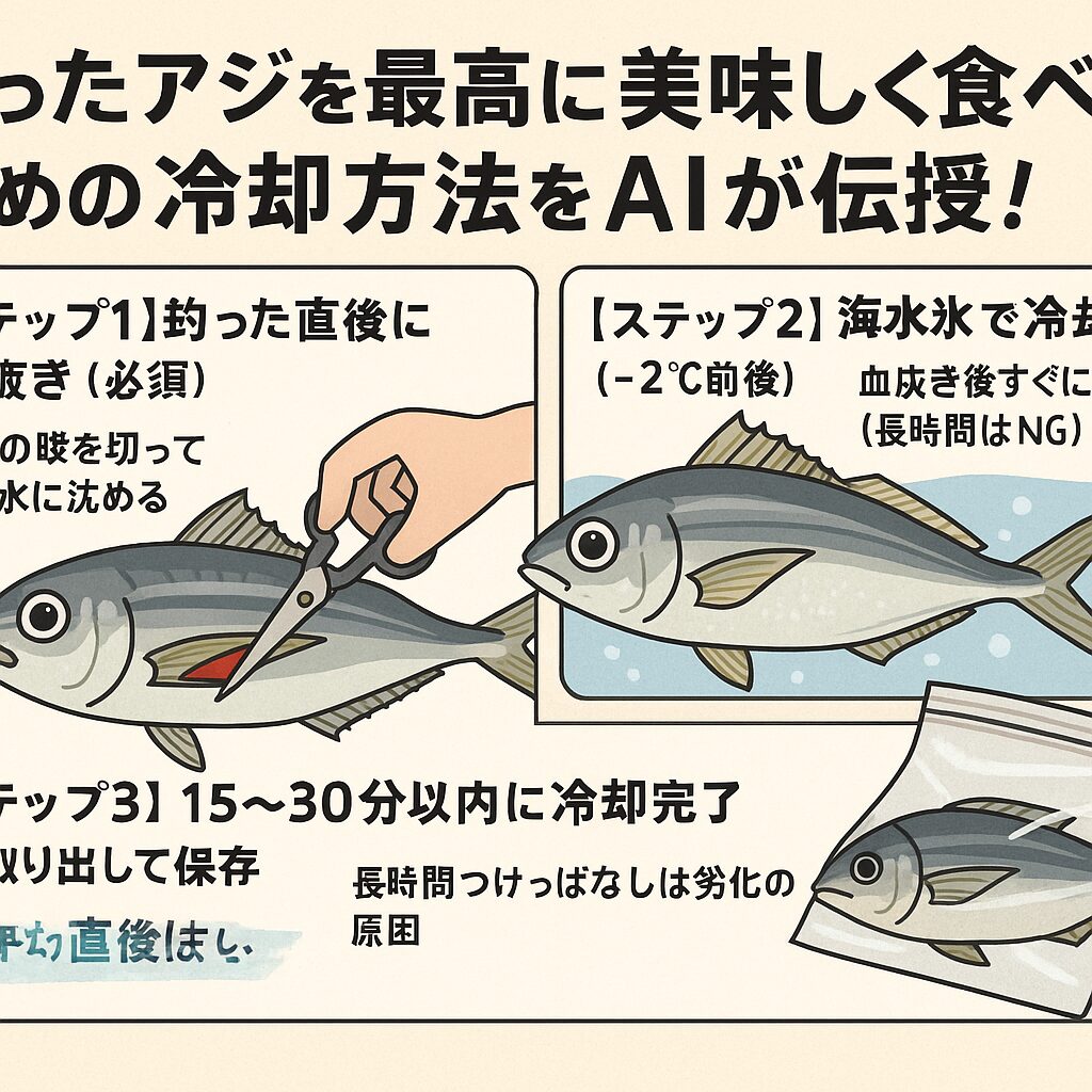 釣ったアジは「すぐ冷やす」が正義！ 釣れた直後のアジは、生きている間に処理できる最高の食材。・血抜き→海水氷で冷却→取り出して保存 この一連の流れを守るだけで、「店のアジよりうまい」と感じる一皿が完成します！釣太郎