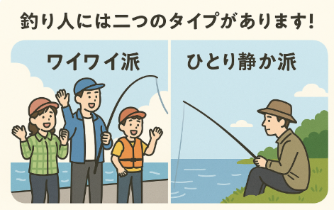 どちらのタイプにも「向いている釣り場」がある。ワイワイ派におすすめ： ファミリー向けの堤防・バーベキュー可能な海釣り公園・釣り堀。ひとり静か派におすすめ： 静かな地磯・河口・山奥の渓流・夜釣りスポット。目的に合った釣り場選びで、満足度は何倍にもアップします。釣太郎
