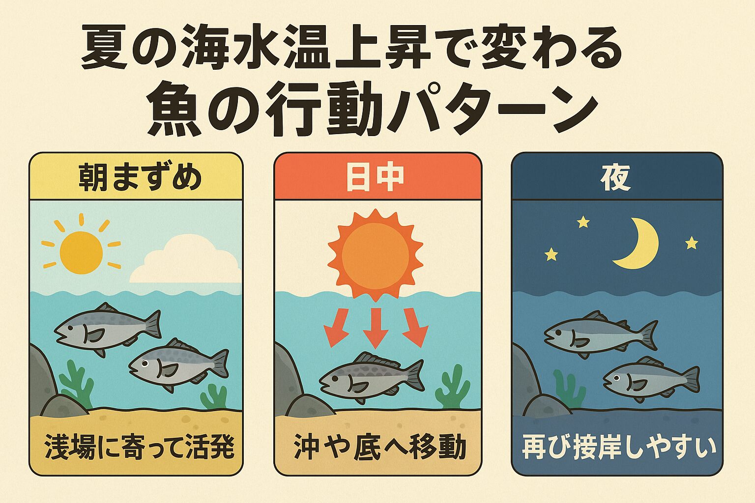 夏の魚は“涼しい場所”にいる！ 朝まずめは活性UP！ 昼は深場や日陰に逃げる。 夜は再び接岸してくる魚が増える。釣太郎 夏の釣果を上げるには、「時間帯とポイントを読み切る知識」が何より重要。釣太郎