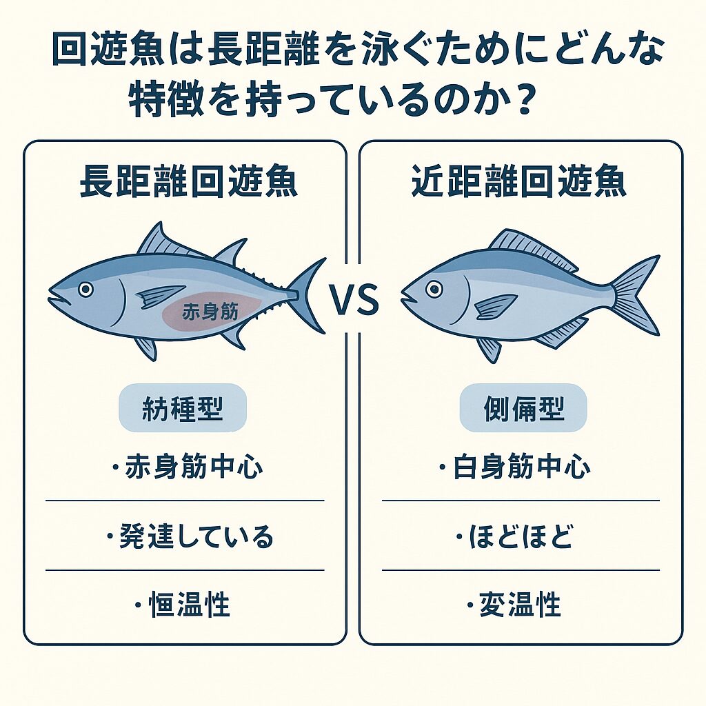 長距離回遊魚は、流線型のボディ、持久力に優れた筋肉 高酸素消費効率 、優れた循環器系など、まさに泳ぎ続けるために進化した魚。対して近距離型は、動きは少ないが回遊性を持つ。沿岸を中心に小回りがきく。釣太郎