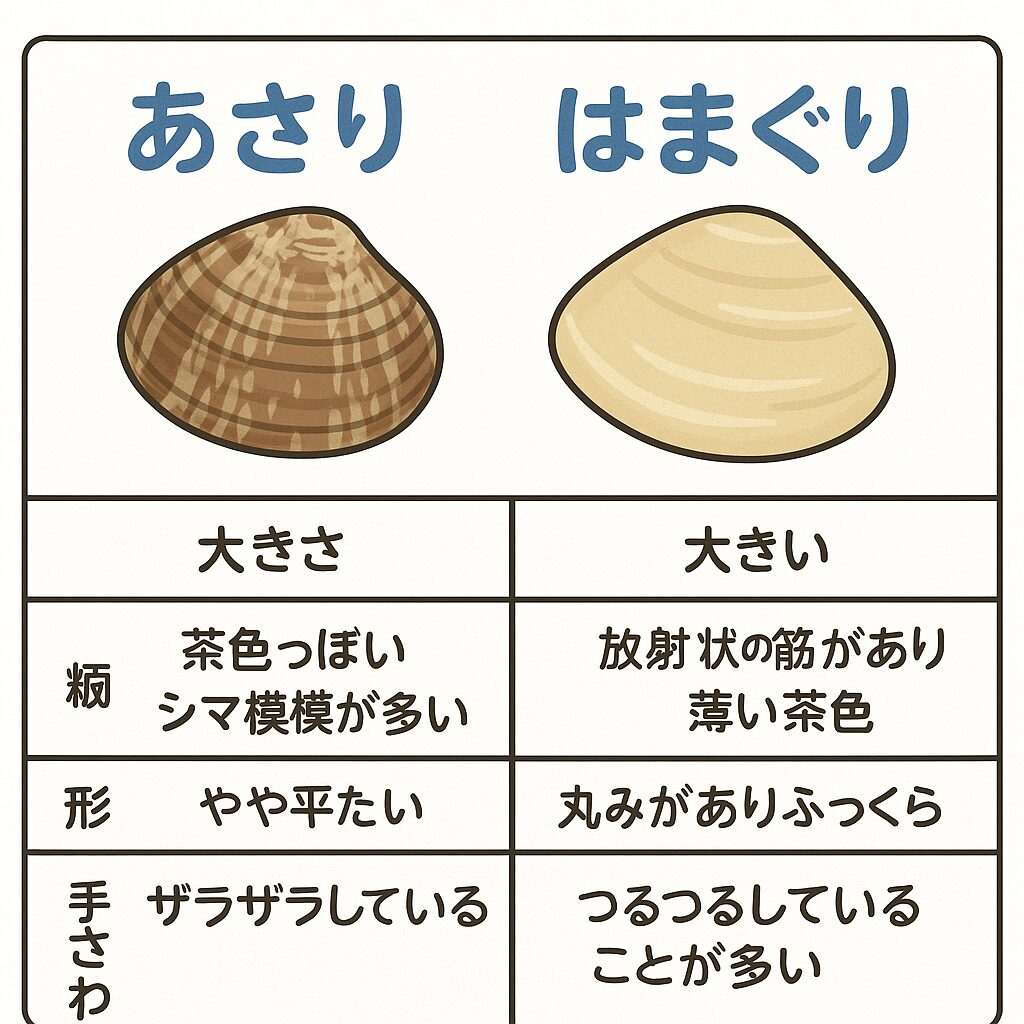 大きさを見る：アサリは小さい、ハマグリは大きい。・模様を見る：アサリは細かいシマ模様、ハマグリは放射状の線
・感触で判断：アサリはザラつきあり、ハマグリはつるつる。釣太郎