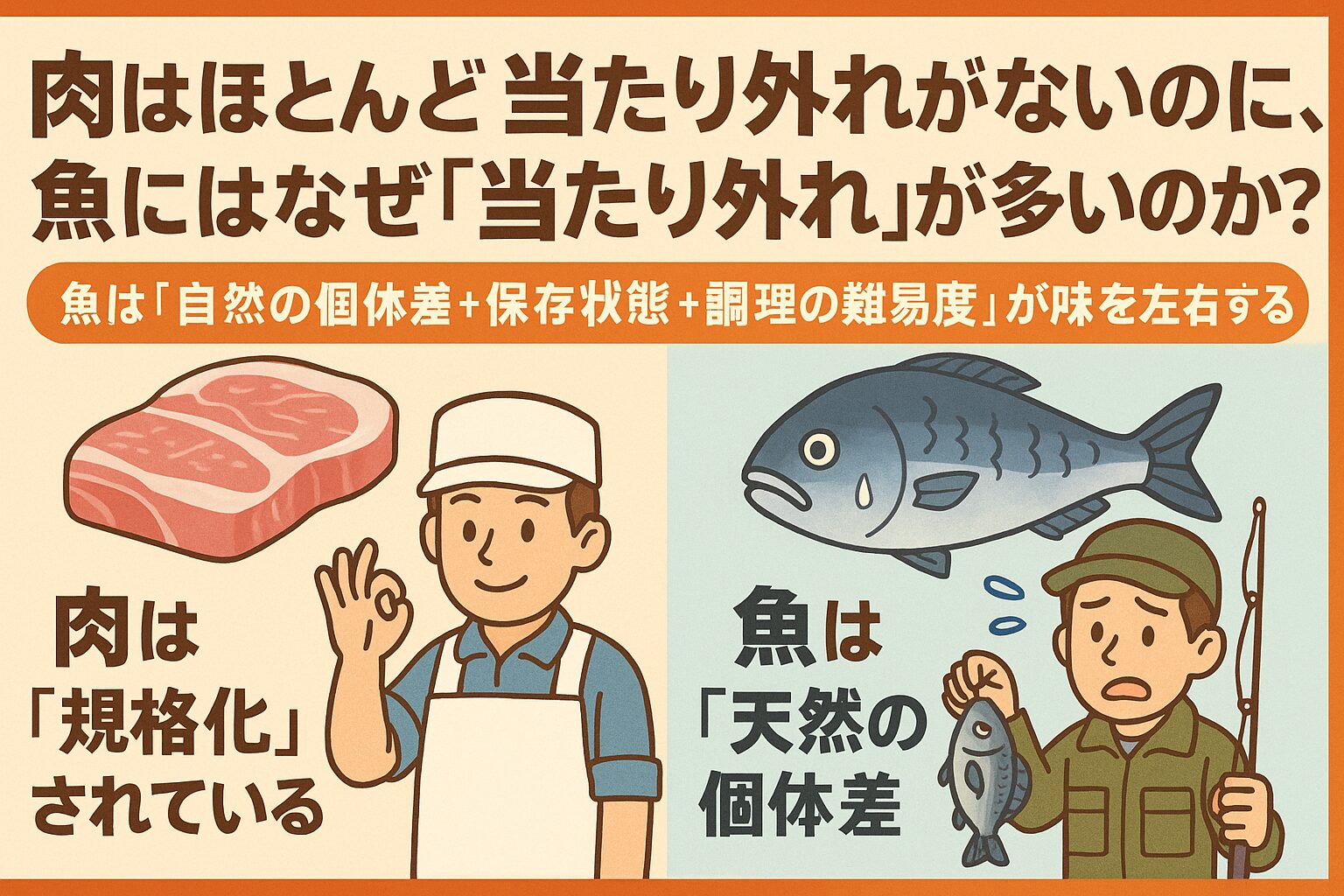 「肉はほぼ当たり」「魚は当たり外れがある」と言われる理由は明確です。
それは、魚が自然の産物であり、加工・保存・調理の影響を強く受けるから。釣太郎