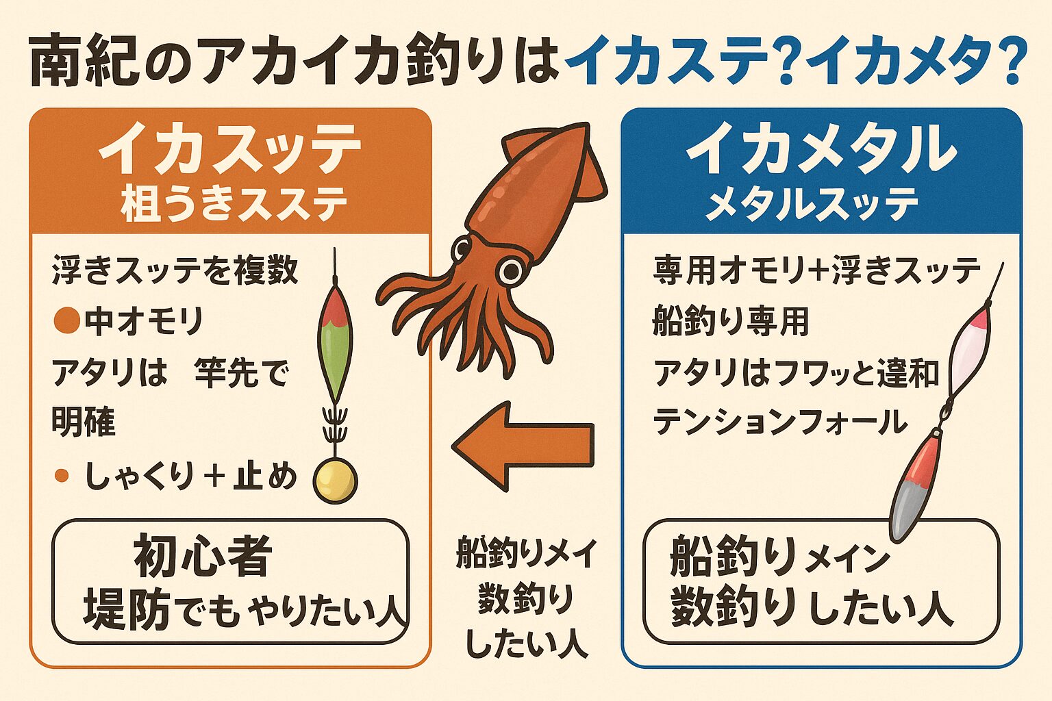 南紀のアカイカ釣りはイカスッテ？イカメタル？初心者向けに違いと選び方を徹底解説！釣太郎