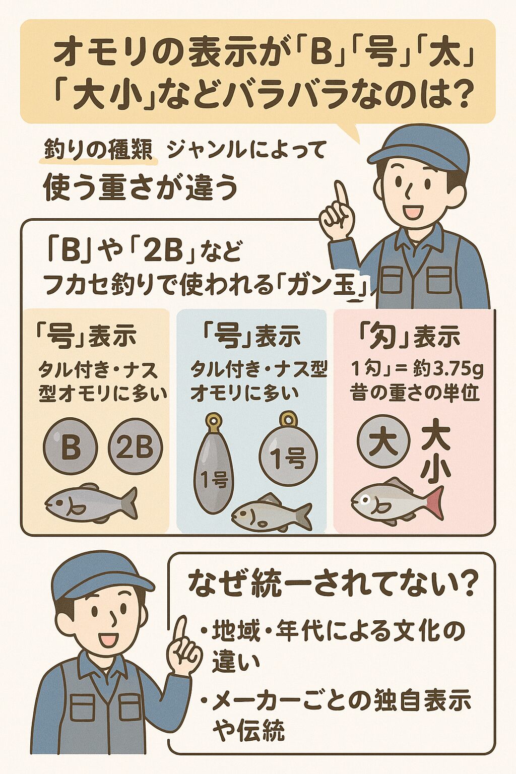 オモリの表示が「B」「号」「匁」「大小」などバラバラなのはなぜ？釣り初心者向け徹底解説！釣太郎
