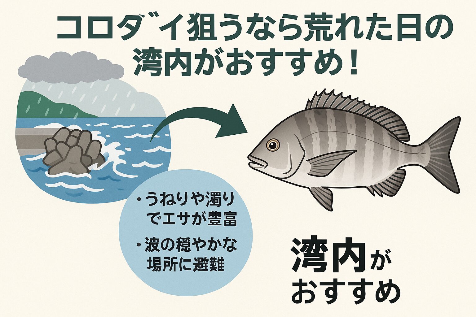 荒れた日はエサが豊富に舞い、コロダイの活性が上がる ✔ 波を嫌って沖磯から湾内へ入ってくる大型もいる ✔ 湾内なら安全に釣りができ、初心者でも狙いやすい ✔ ブッコミ仕掛けや夜釣りを組み合わせると釣果UP。釣太郎