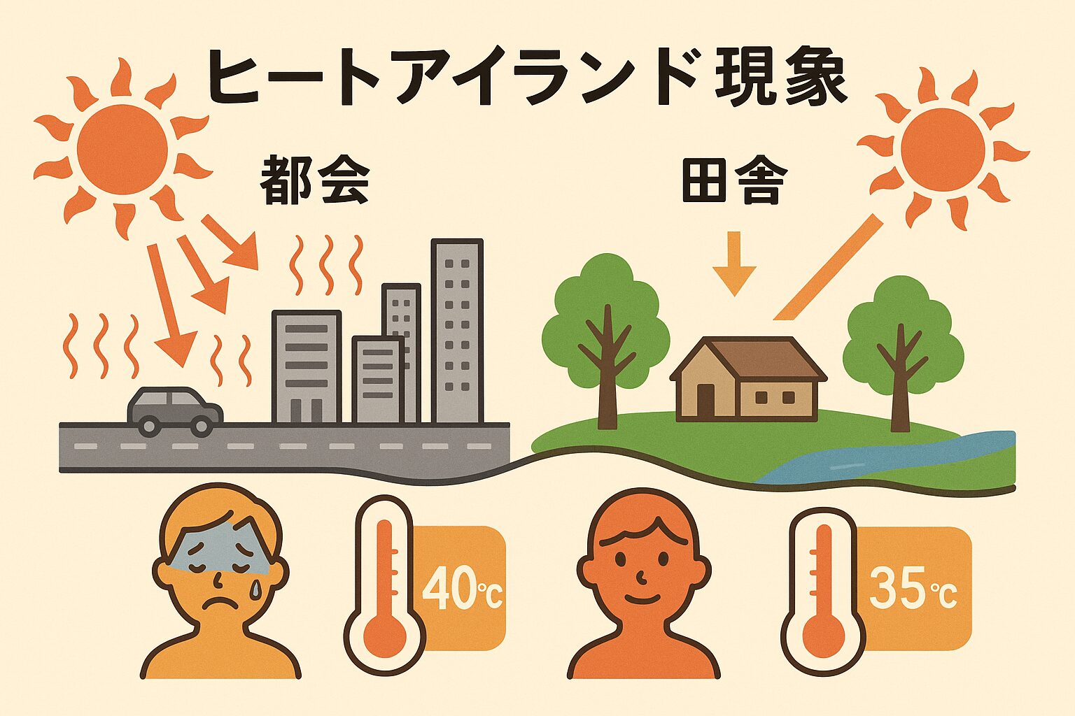 都会の暑さ＝人工的な熱＋蓄熱で「逃げ場がない」・田舎の暑さ＝自然の調節機能で「風が通る」・同じ気温でも体感は2〜5℃の差がある。釣太郎