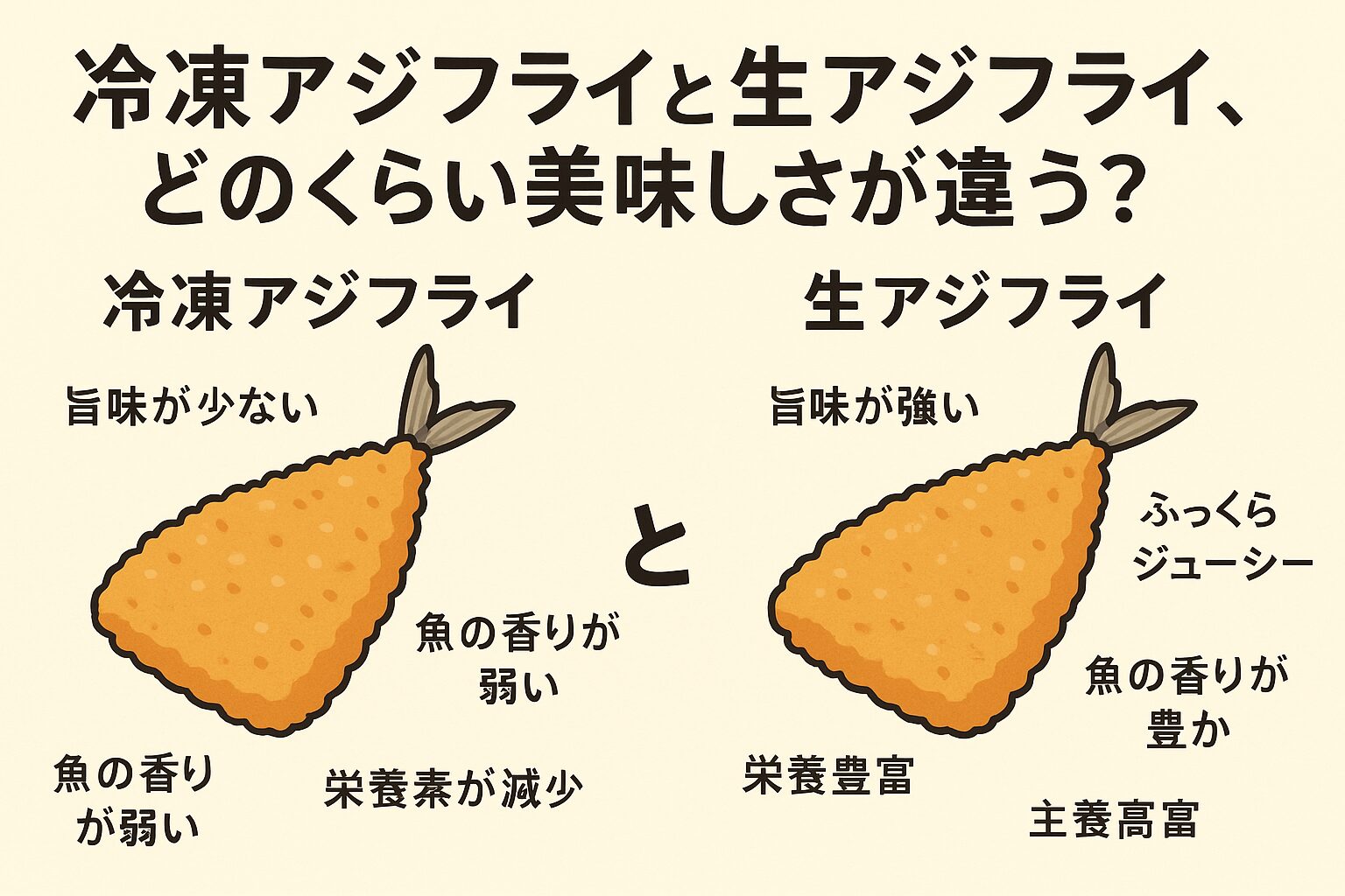 生アジフライは「別次元のうまさ」。AIによる食味評価では、生アジフライは冷凍アジフライより総合評価が1.6倍高いというデータが得られました。釣太郎