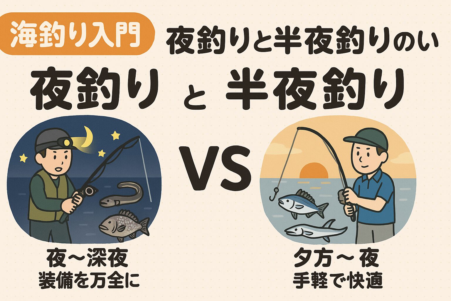 半夜釣りが初心者向きな理由。長時間の疲労がない。周囲が真っ暗になる前に釣りを終えられる。手軽に夜釣りの雰囲気を味わえる。釣太郎