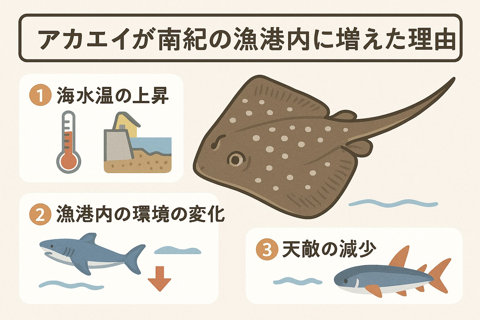 アカエイが南紀の漁港に増えたのは、気候変動、環境変化、人間活動の複合的な影響。かつては見かけなかった魚が、今や港の主のように泳いでいるのは、時代の変化の象徴とも言えます。釣太郎