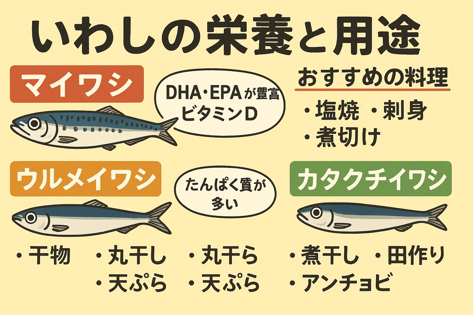 イワシと一口に言っても、それぞれ個性豊か。 ・脂のりや味の濃さで選ぶなら「マイワシ」。 ・あっさり干物なら「ウルメイワシ」。 ・骨ごと栄養補給するなら「カタクチイワシ」。 日常の食卓でも、健康志向のレシピにも、イワシは万能選手です!釣太郎