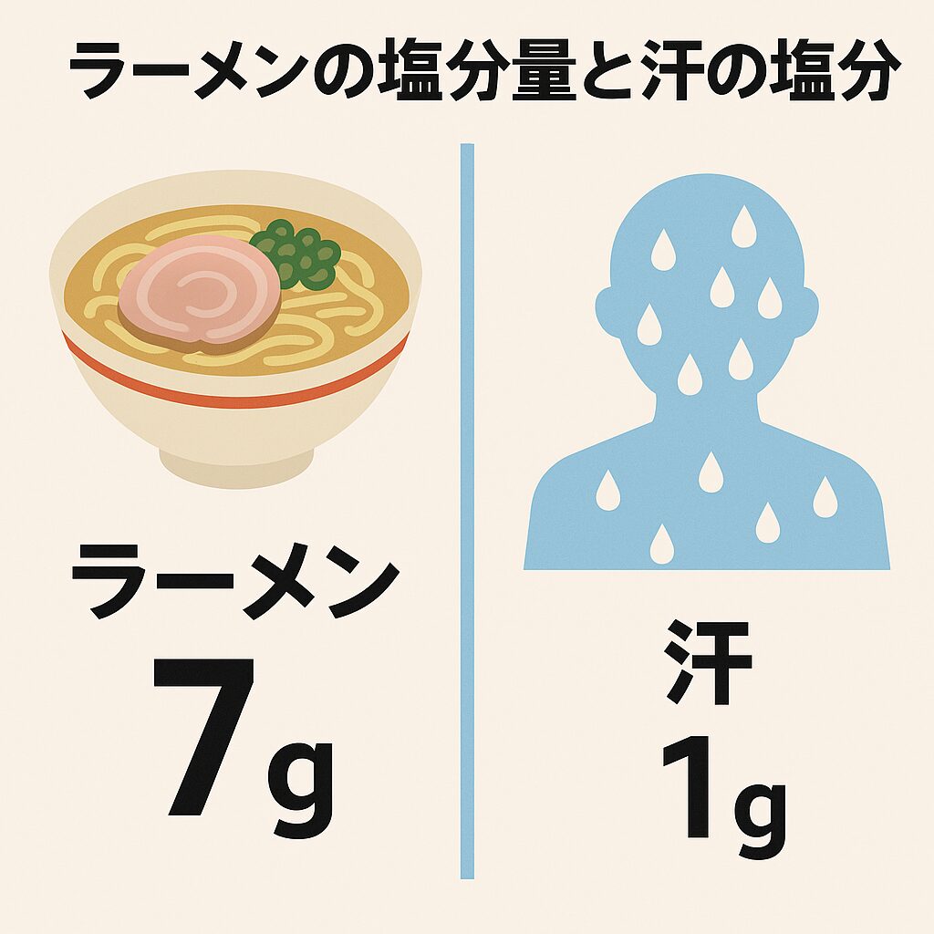 人間の汗に含まれるナトリウム濃度は、およそ0.3〜0.5％。 仮に1リットルの汗をかいても、失う塩分量は3〜5g程度に過ぎません。 一方で、一般的なラーメン1杯に含まれる塩分は5〜7g前後。釣太郎