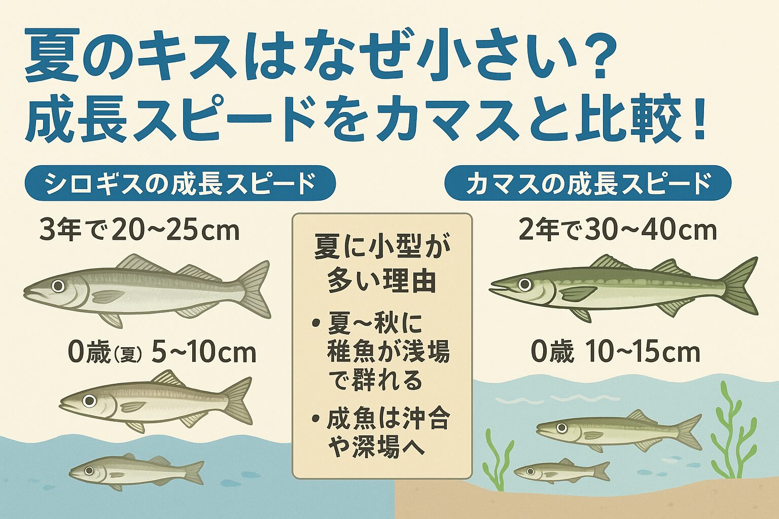 キスとカマス、いずれも夏は「当年稚魚」が中心に釣れるため、サイズが小さいのは当然のことです。 でも裏を返せば、夏は初心者やファミリーでも**「数釣り」**が楽しめる絶好の季節。釣太郎