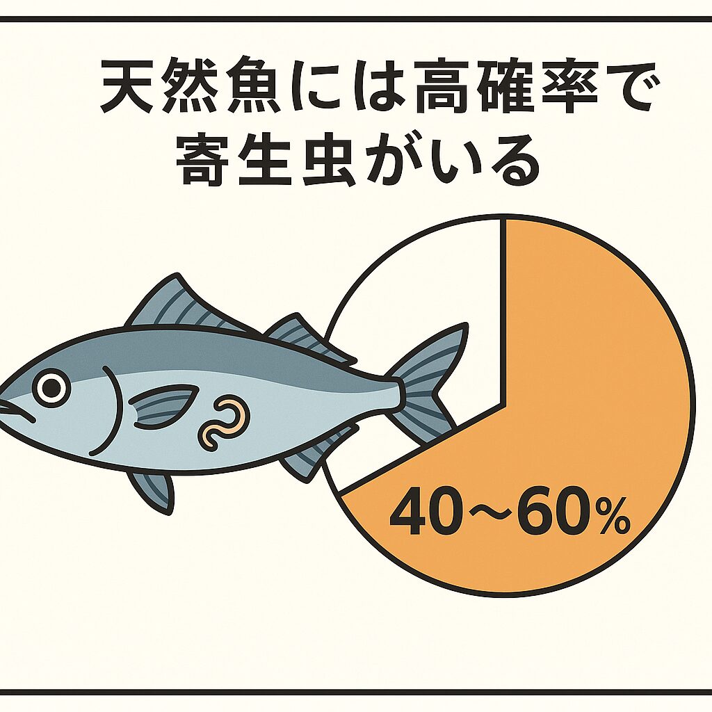 天然魚に寄生虫がいる割合は約40〜60％**というのがAIの結論です。釣太郎