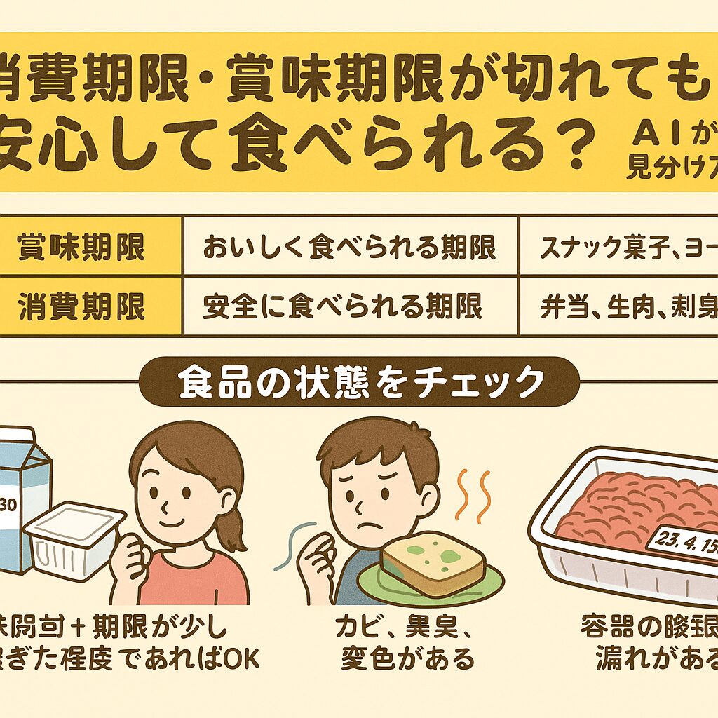 賞味期限切れでも“安全に見極める力”があれば怖くない！ 賞味期限切れは一律NGではない。保存状態、パッケージ状態、感覚チェックでかなり判断できる。 消費期限切れは要注意！体調リスクが伴う。釣太郎