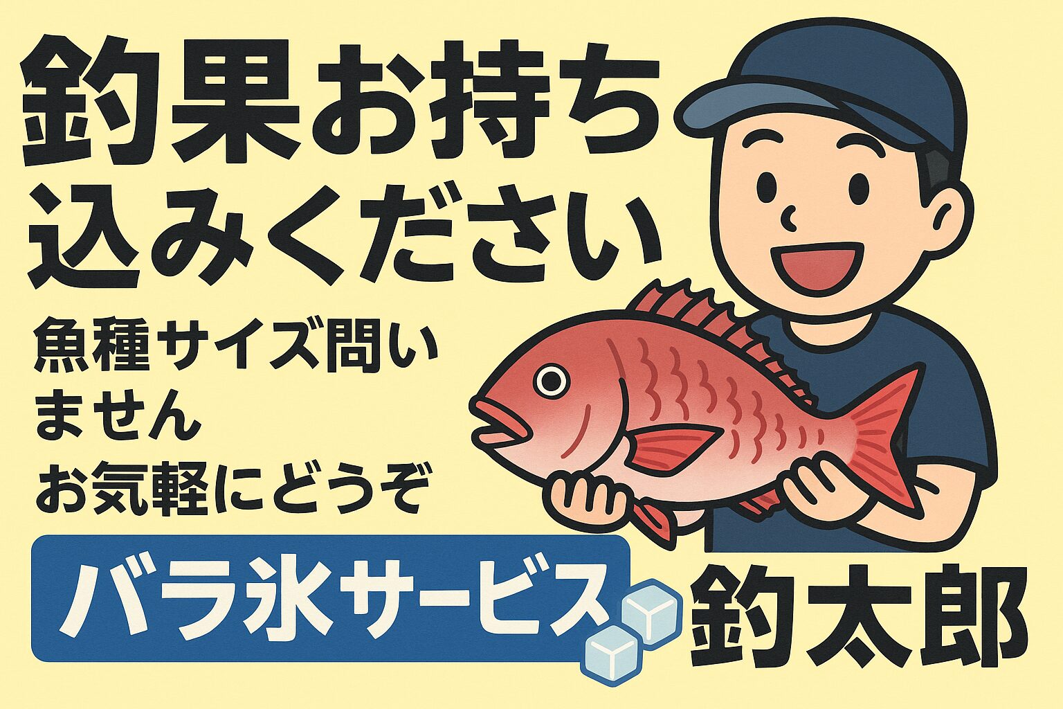 釣果お持ち込みください。魚種サイズ問いません。お気軽にどうぞ。バラ氷サービス。釣太郎