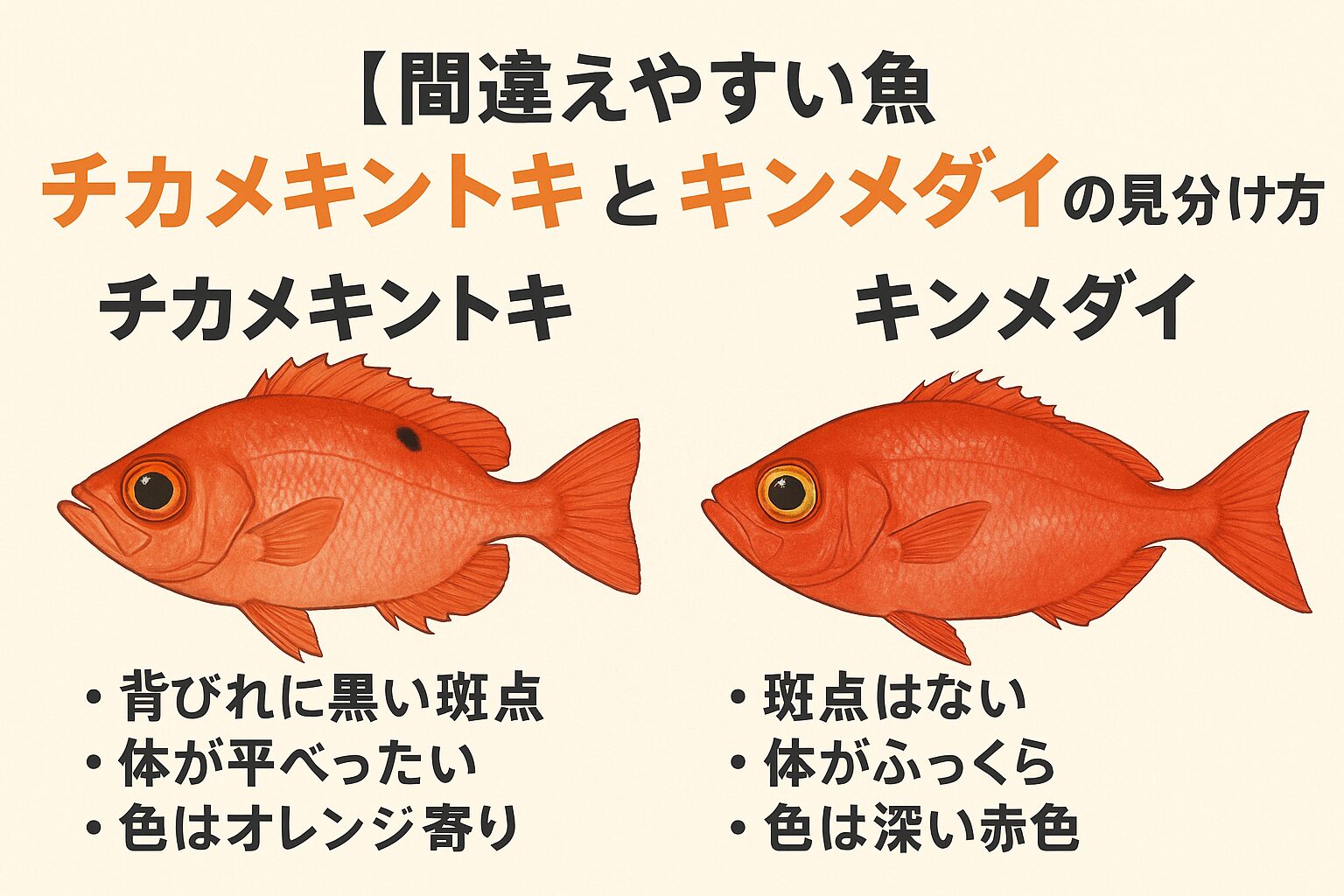 見分け方のポイントをもう一度！ 背びれに黒い斑点 → チカメキントキ ふっくら体型・脂が多い → キンメダイ 体色が深紅で金目 → キンメダイ 浅場・夜釣りの外道 → チカメキントキ。釣太郎
