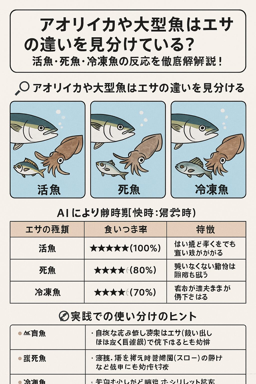 アオリイカや大型魚はエサの違いを見分けている？活魚・死魚・冷凍魚の反応を徹底解説！釣太郎