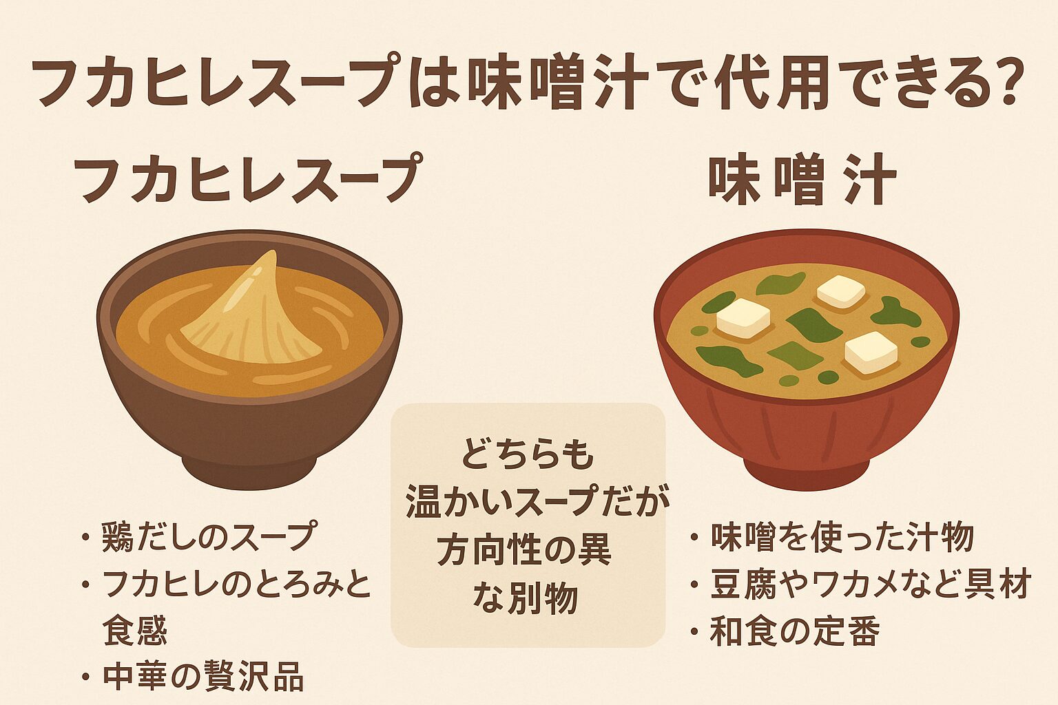 フカヒレスープは中華文化の結晶ともいえる高級スープ
・味噌汁は和の食文化の代表格で、成分も風味も別物。釣太郎