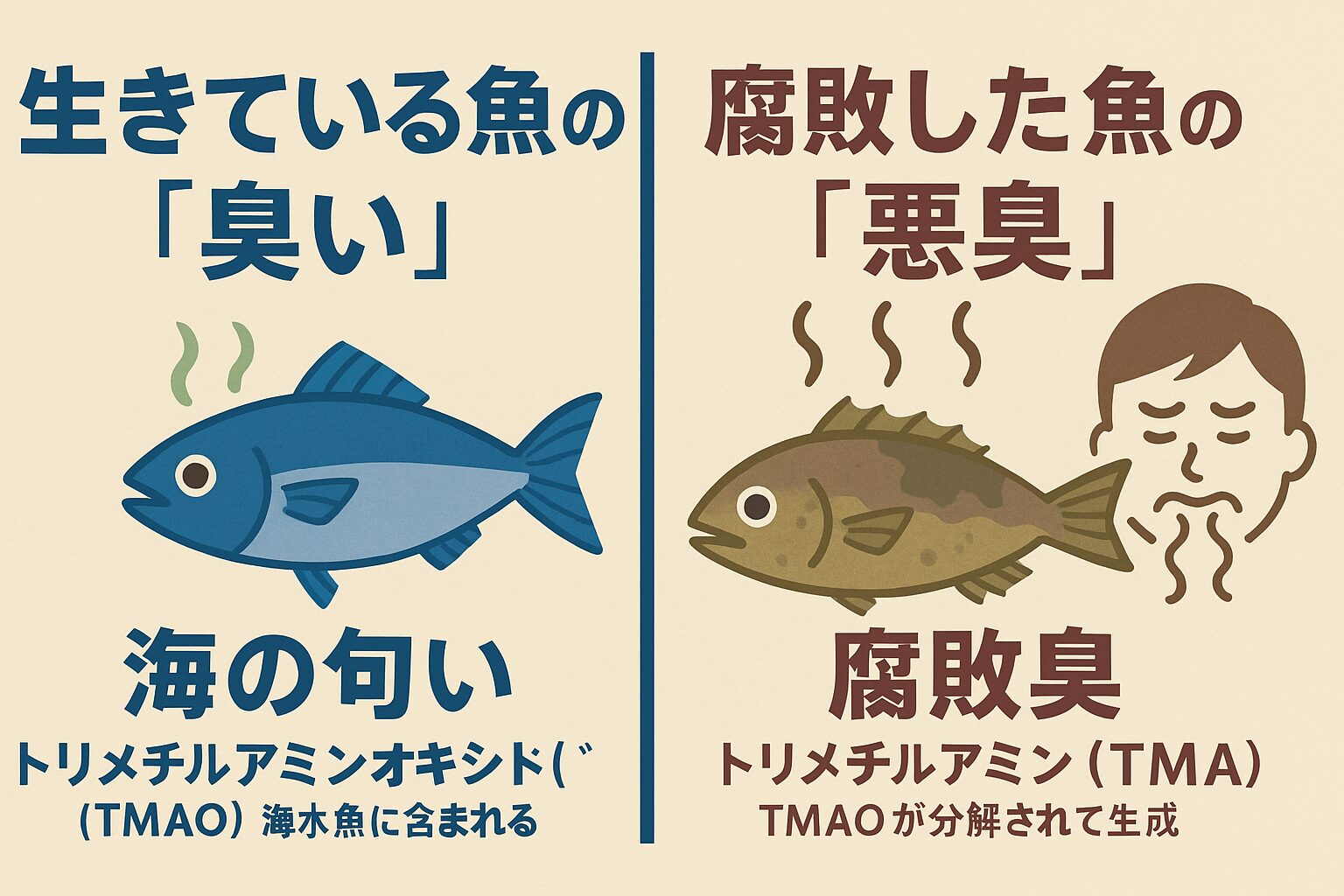 生きている魚は基本的に無臭か、磯のような軽い匂い ・腐敗臭は、死後に発生する化学物質が原因 ・トリメチルアミンや硫化水素が強烈な悪臭を生む ・釣ったら即冷却＆内臓処理で臭いはほぼ防げる。釣太郎