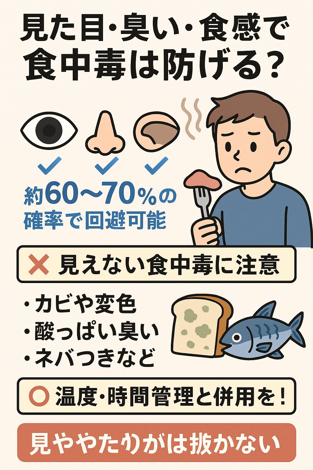 五感をすべて駆使すれば、食中毒の60～70％は未然に防げる可能性あり。 ただし「無臭・無変化」のウイルス系・毒素系には対応できないため、100％防ぐのは不可能。釣太郎