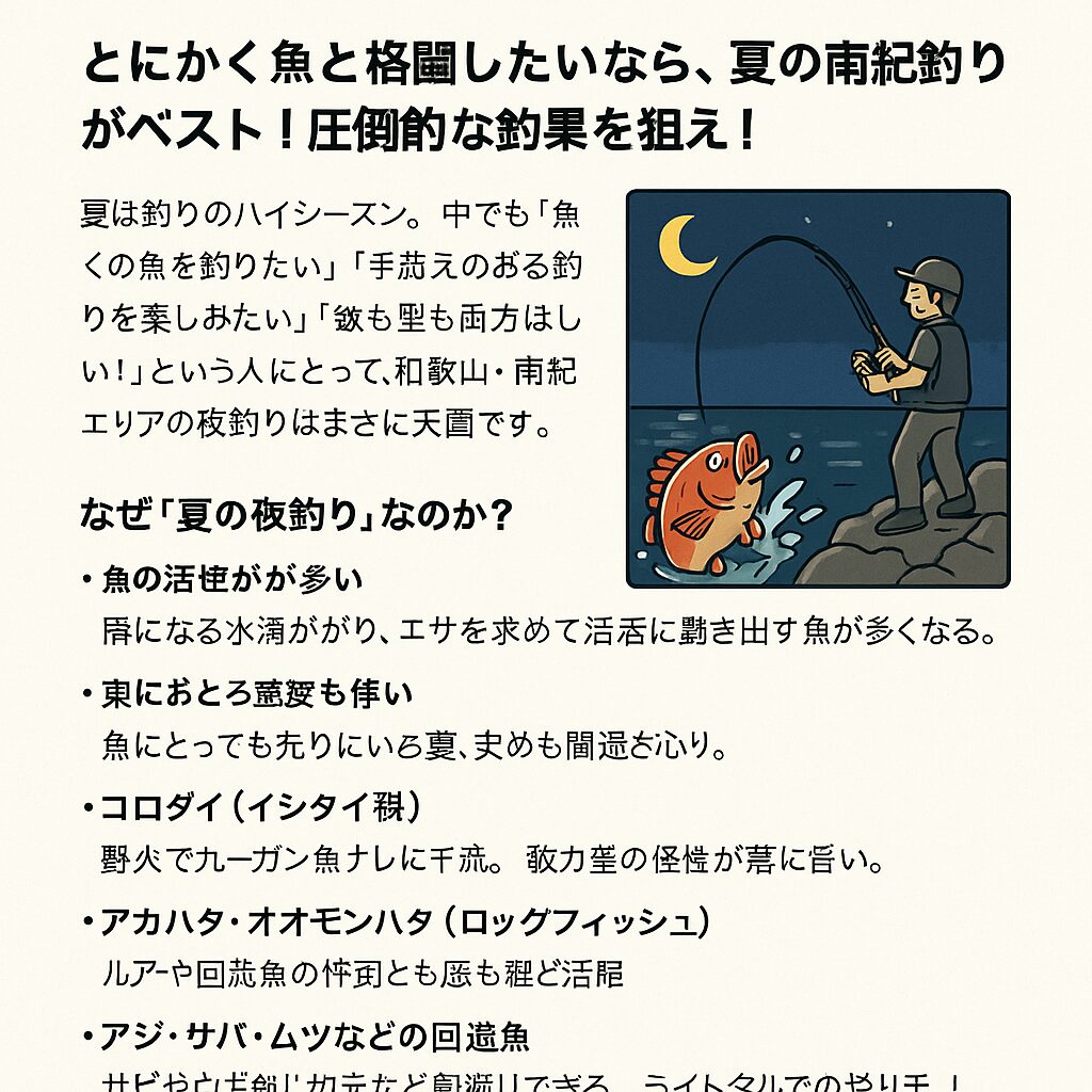 南紀の夜は、まさに“魚との格闘場”。パワー系大物との真っ向勝負から、数釣りの楽しさまで網羅されています。釣太郎