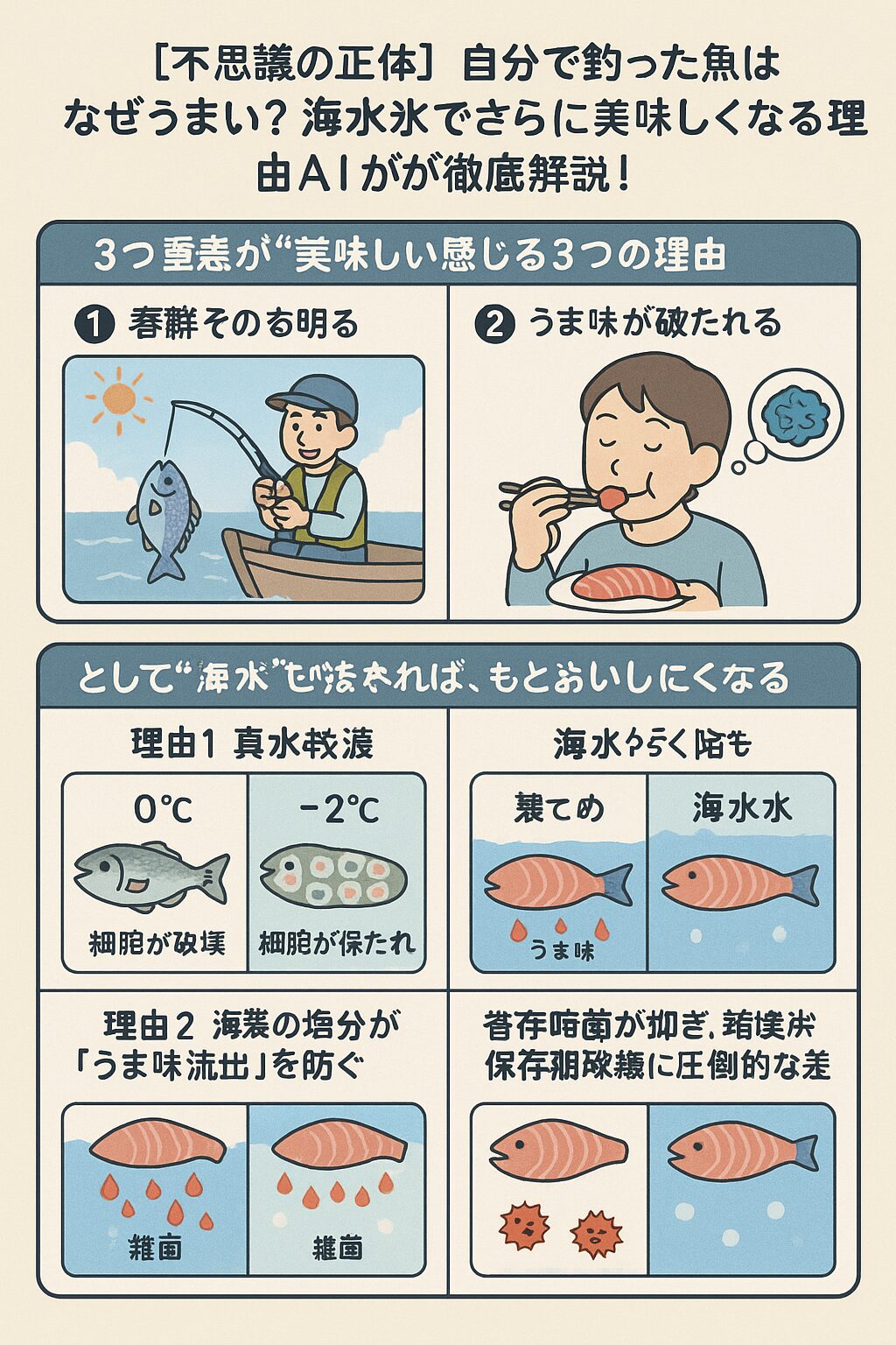 釣り人の味覚革命は「海水氷」で始まる ✔ 自分で釣った魚は、心理的にも物理的にも“おいしい”と感じやすい。✔ しかし、冷やし方によってはそのおいしさを損なってしまうリスクも。✔ だからこそ、魚を最高においしく保つには「海水氷」が最適解!釣太郎