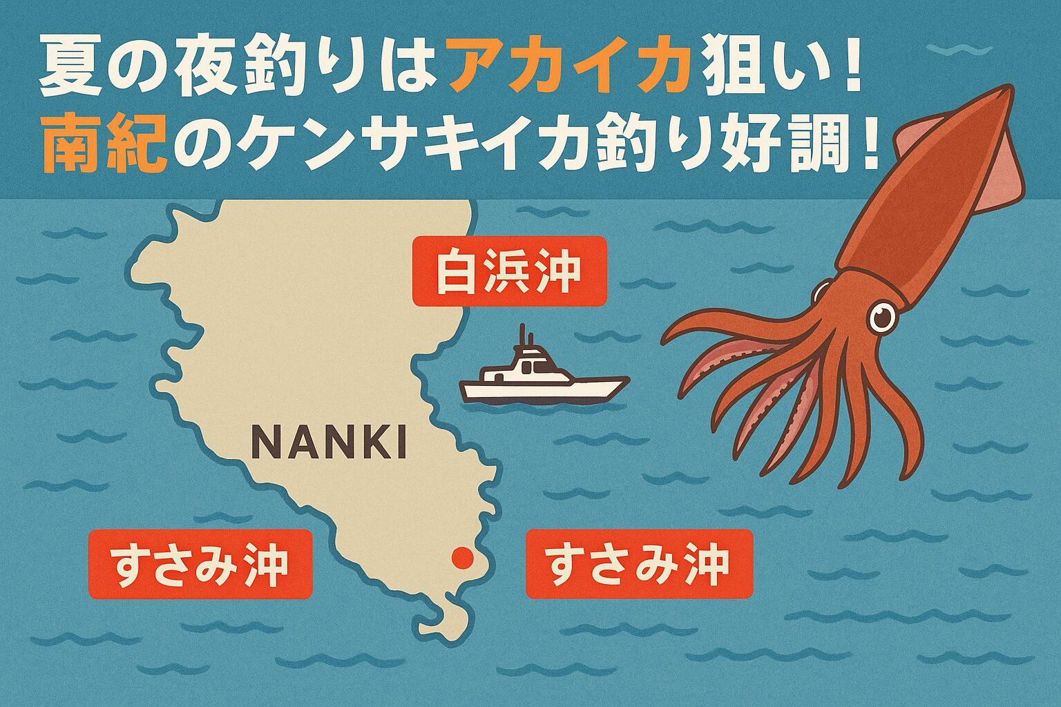 アカイカ（ケンサキイカ）は、南紀の夏の風物詩。 潮通しのよい沖合、水深50〜70mの変化のある地形を狙うことで、数・型ともに期待できます。釣太郎