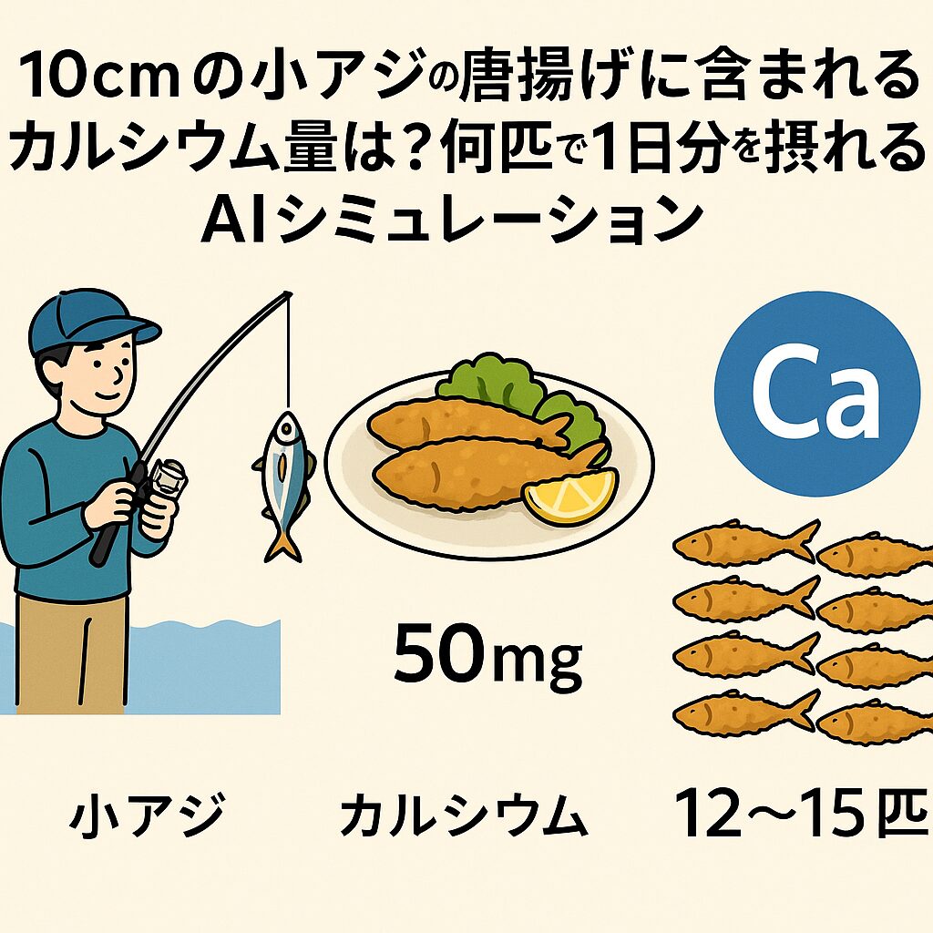 はじめに｜魚の中でも“カルシウムの宝庫”と言われる小アジ カルシウムといえば、牛乳やチーズなどの乳製品を思い浮かべる人が多いですが、 実は“丸ごと食べられる小魚”は非常に優秀なカルシウム源です。 中でも今、釣り人にも食卓にも人気の「10cm前後の小アジ（豆アジ）」。 これを唐揚げにして丸ごと食べれば、骨まで摂取できて栄養満点です。 今回はAIが科学的データに基づいて、以下の疑問に答えます。 ✅ 10cmの小アジ1匹でカルシウムは何mg？ ✅ 一日に必要なカルシウムは何mg？ ✅ 小アジを何匹食べれば1日分のカルシウムをまかなえる？ 1日あたりのカルシウム推奨摂取量（厚生労働省基準） 年齢・性別 推奨量（mg/日） 成人男性（18〜69歳） 750 mg 成人女性（18〜69歳） 650 mg 高齢者（70歳以上） 700～750 mg つまり、成人男性であれば1日に750mgのカルシウム摂取が理想とされます。 AIシミュレーション｜小アジ1匹に含まれるカルシウム量は？ 食品成分データベースなど複数の公的情報をもとに、AIが以下のように推定します。 ◆ 10cmの小アジ（可食部約15g）の栄養成分（唐揚げにした場合） 栄養素 含有量（1匹＝約15gと仮定） カルシウム 約50～60mg ※唐揚げにすることで、骨もまるごと摂取できるため、可食カルシウム量は大幅アップします。 結論：10cm小アジを12〜15匹食べれば、1日分のカルシウムが摂取できる！ ▼計算式（男性の推奨750mgの場合）： 750mg ÷ 55mg（小アジ1匹の平均カルシウム量） ≒ 13.6匹 【ポイント】小アジ唐揚げの「吸収率」は意外と高い 魚の骨のカルシウムは「リン酸カルシウム」であり、**植物性食品より吸収率が高い（約30～40％）**とされています。 つまり、**骨ごと食べる小魚は“効率の良いカルシウム源”**なのです。 小アジ唐揚げでカルシウムを摂る3つのメリット ① 丸ごと食べられる → 骨・内臓・皮の栄養を逃さない 魚の中骨にはカルシウム、内臓にはビタミンDや鉄分が豊富。 唐揚げなら子どもでも食べやすく、栄養吸収率もアップします。 ② 骨粗しょう症予防に最適 カルシウム不足が続くと、骨密度が低下し、将来的に骨折リスクが高まります。 手軽に食べられる小アジの唐揚げは、予防にも最適な日常食です。 ③ ビタミンDやタンパク質も同時に摂取可能 カルシウムの吸収にはビタミンDが不可欠。 小アジにはこのビタミンDも豊富に含まれており、効率的に栄養バランスが整います。 こんな人におすすめ！小アジの唐揚げ生活 成長期のお子さま 妊娠中・授乳中の方 骨粗しょう症が気になる中高年 牛乳が苦手な方 食が細く、少量で栄養を摂りたい高齢者 “釣って、揚げて、食べる”一石三鳥の健康食材として、小アジは本当に優秀です！釣太郎