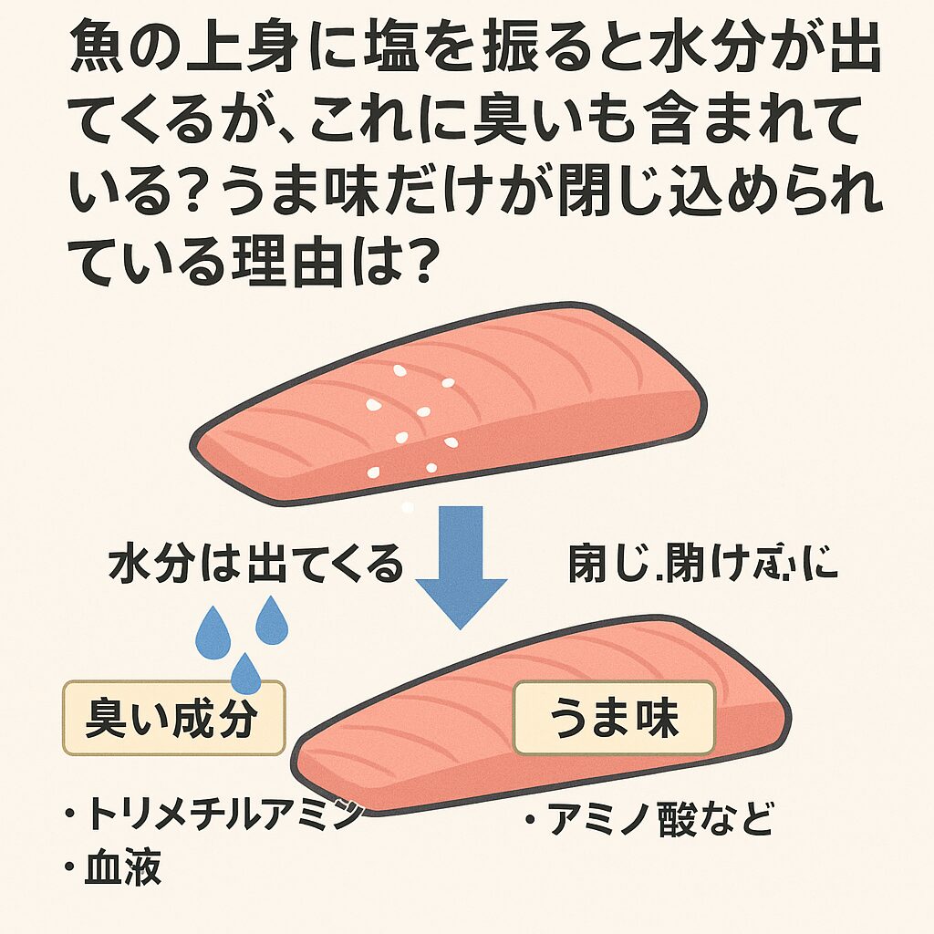 魚に塩を振ると浸透圧で水分が出てくる。その水分には、臭みの原因物質（TMA、血液、雑菌）が多く含まれる。一方で、旨味成分は細胞内に留まるため、ほとんど流出しない。釣太郎