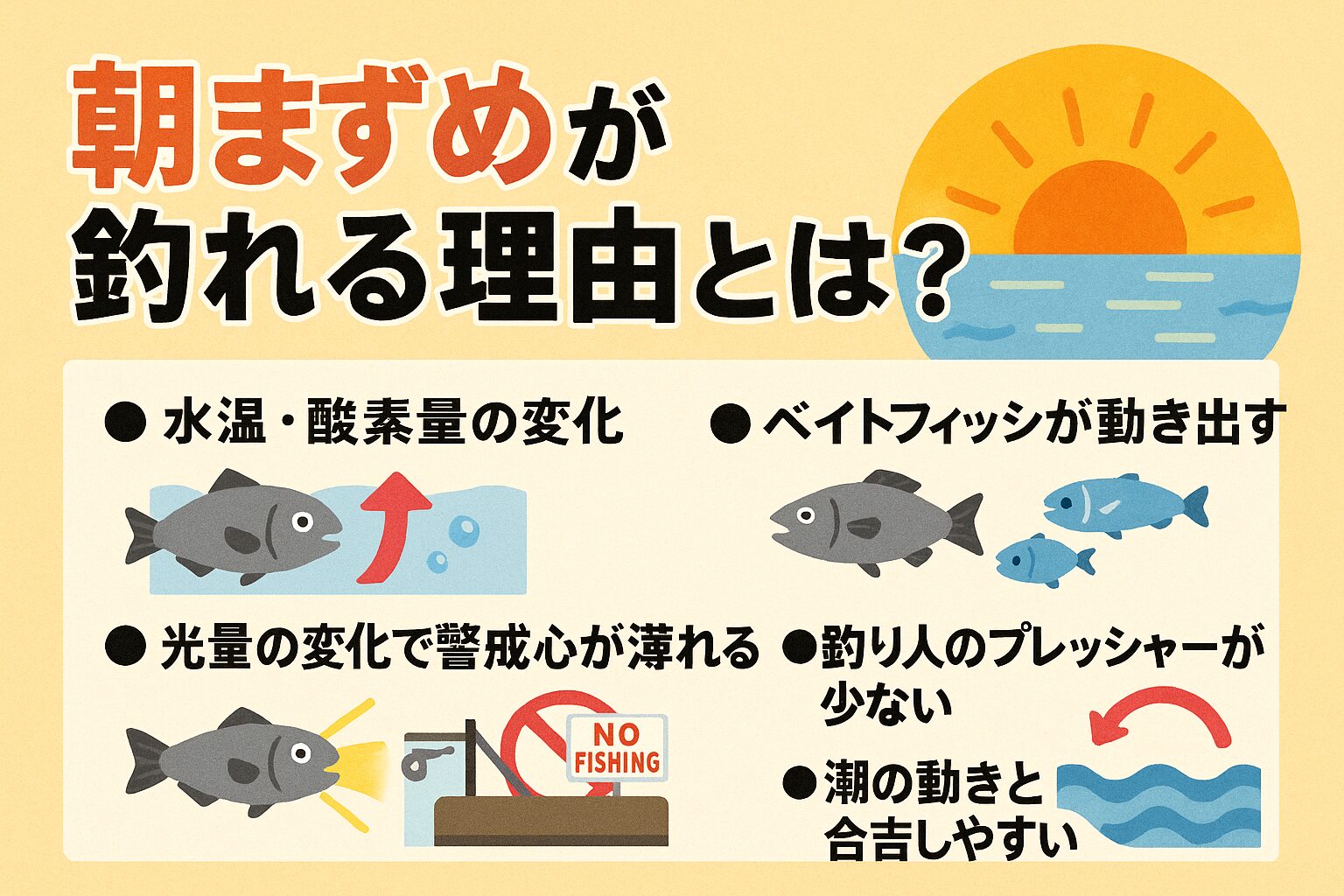 朝まずめが釣れるのは、光・酸素・潮・ベイトなどの自然の条件が絶妙にそろう時間帯だからです。 つまり、釣り人が自然のリズムに寄り添うことで、釣果が最大化するというわけです。釣太郎