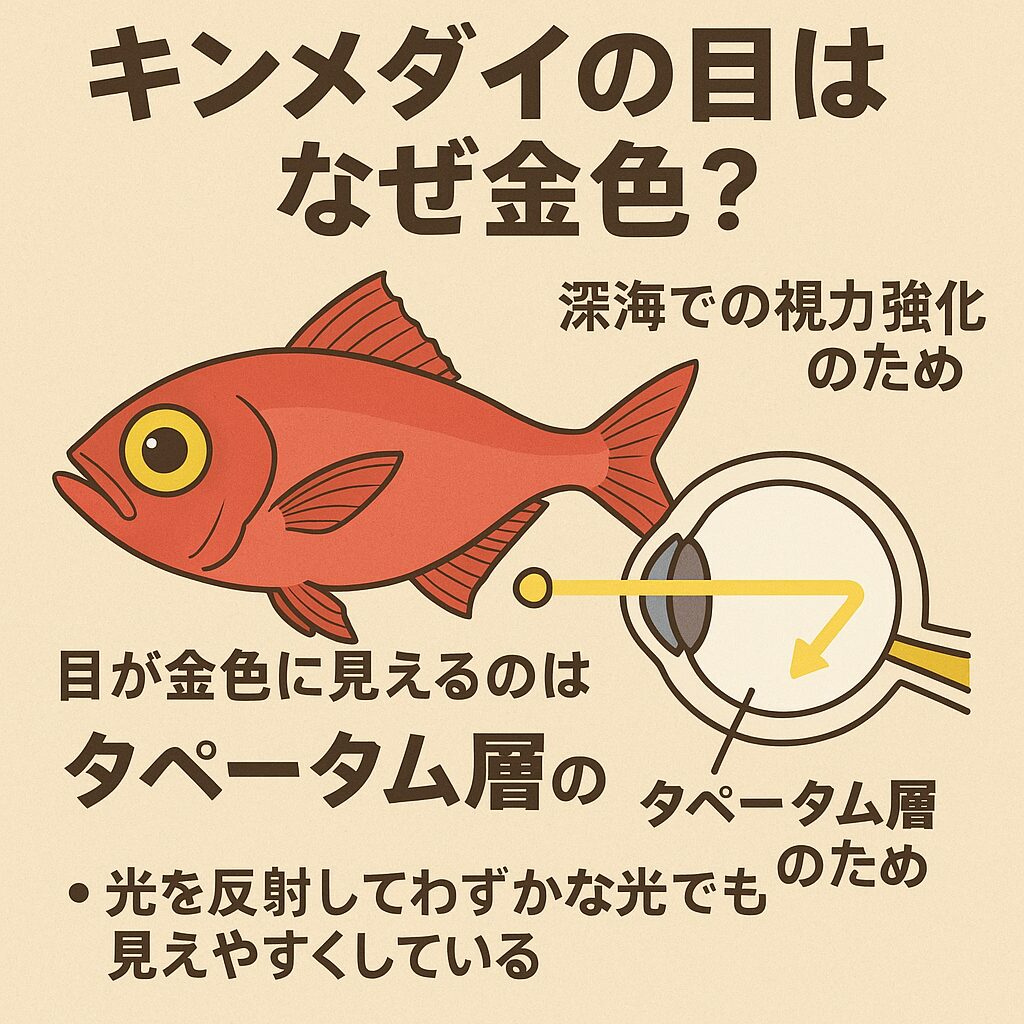 キンメダイの目が金色なのは“生きるための工夫” ・金色の目はタペータムという反射構造のせい ・わずかな光を最大限に活用するための進化 ・深海という暗黒の世界で獲物を捕らえるための“視覚特化”型魚。釣太郎