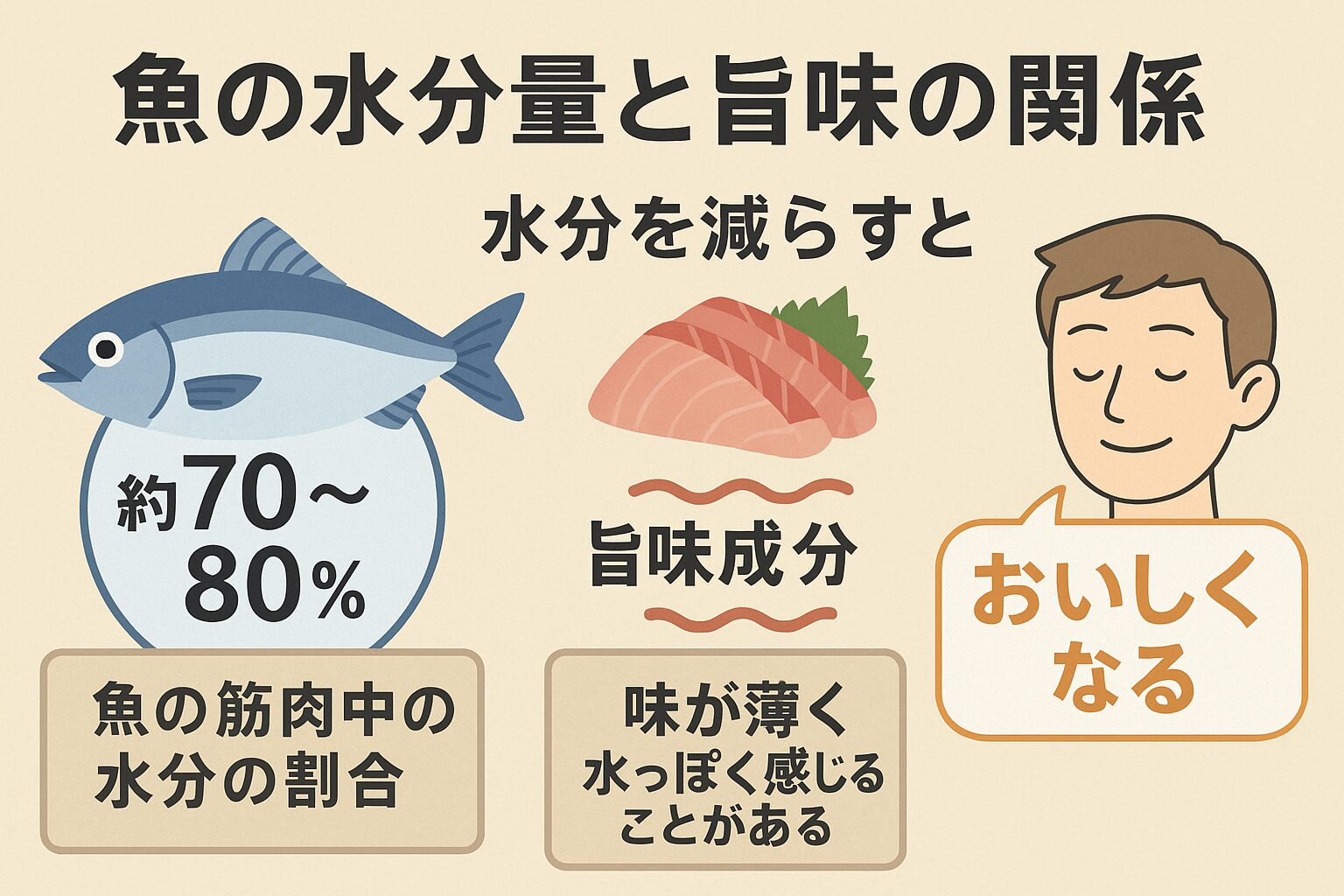 魚は約70〜80%が水分で構成されている
・適度に水分を減らすことで、味が濃くなり食感も向上する
・過剰に乾燥させると旨味成分が失われ、パサついてしまう。釣太郎