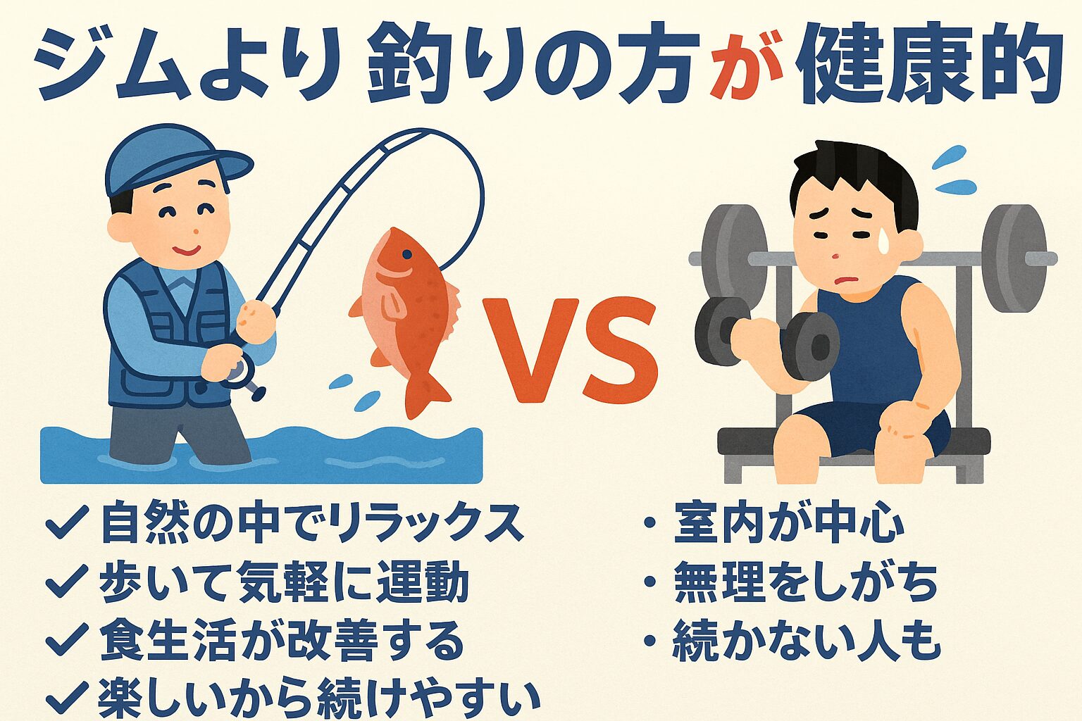 ジムより釣りが健康的な5つの理由
✅ 自然と接することで心身の調整ができる
✅ 楽しく続けられるから生活習慣に浸透しやすい
✅ 運動・食事・睡眠にまで良い影響を与える
✅ 薬に頼らない自己治癒力が高まる
✅ 年齢問わず一生付き合える“健康パートナー”。釣太郎